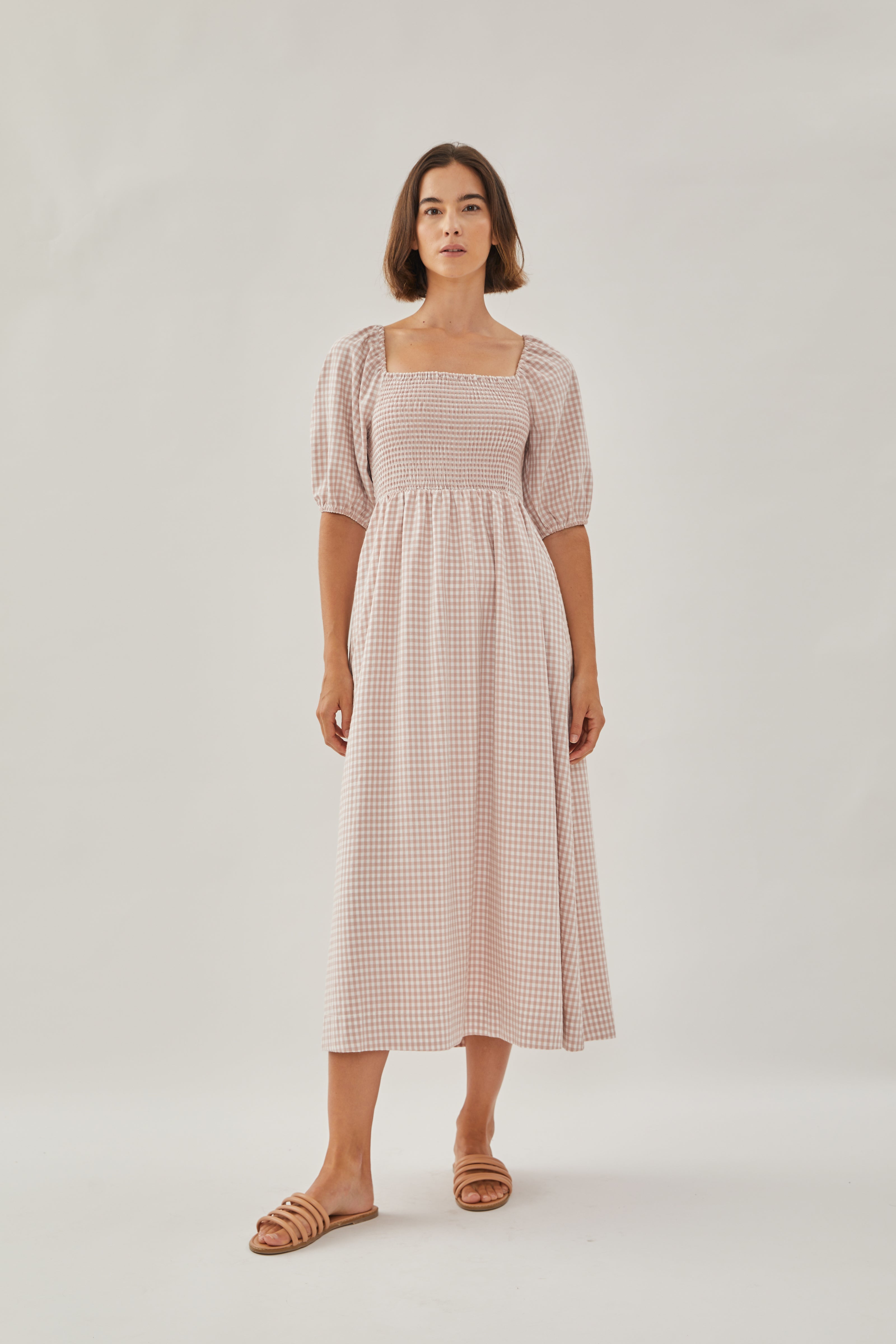 Puffed Sleeved Shirred Midi Dress in Gingham Pink