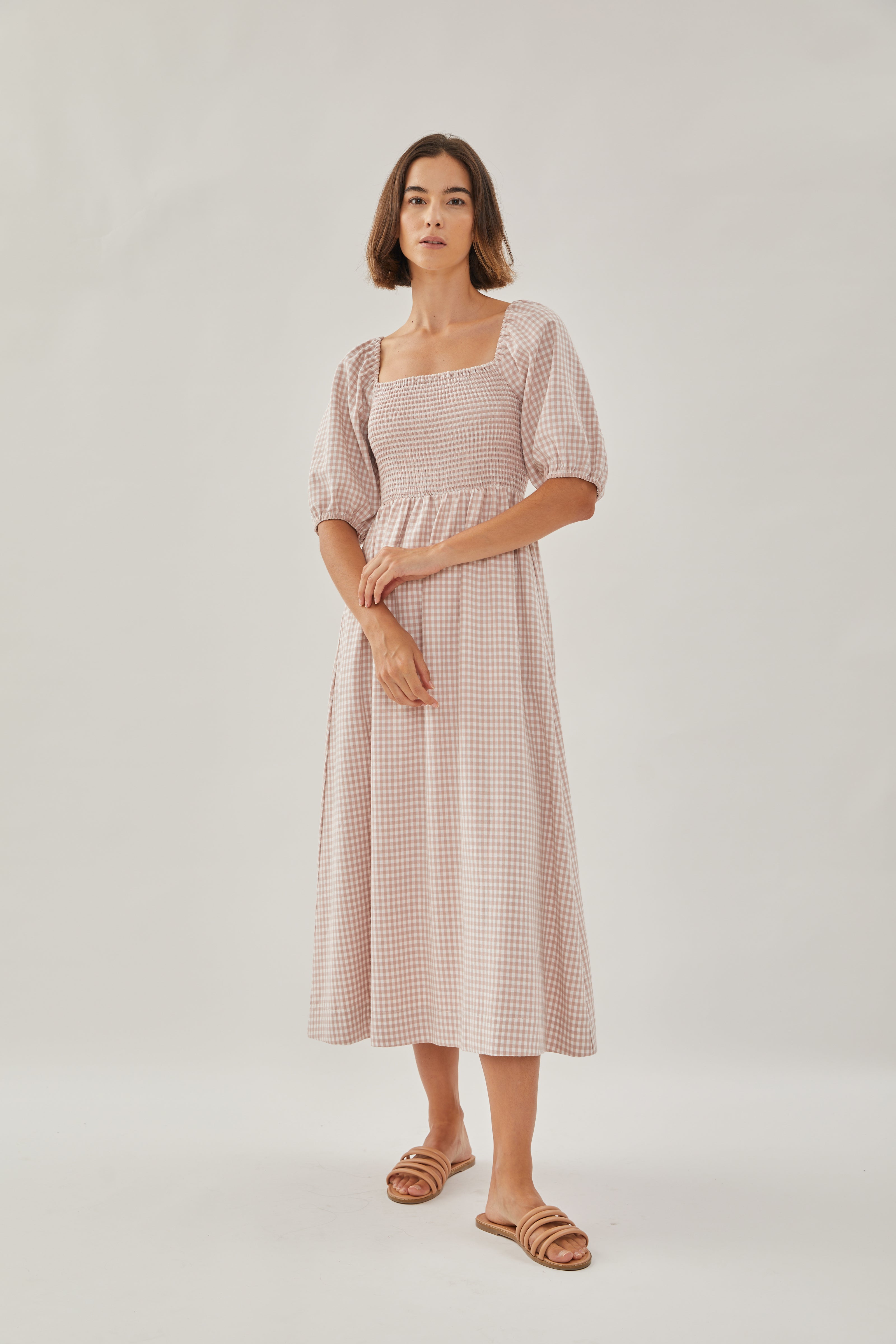 Puffed Sleeved Shirred Midi Dress in Gingham Pink