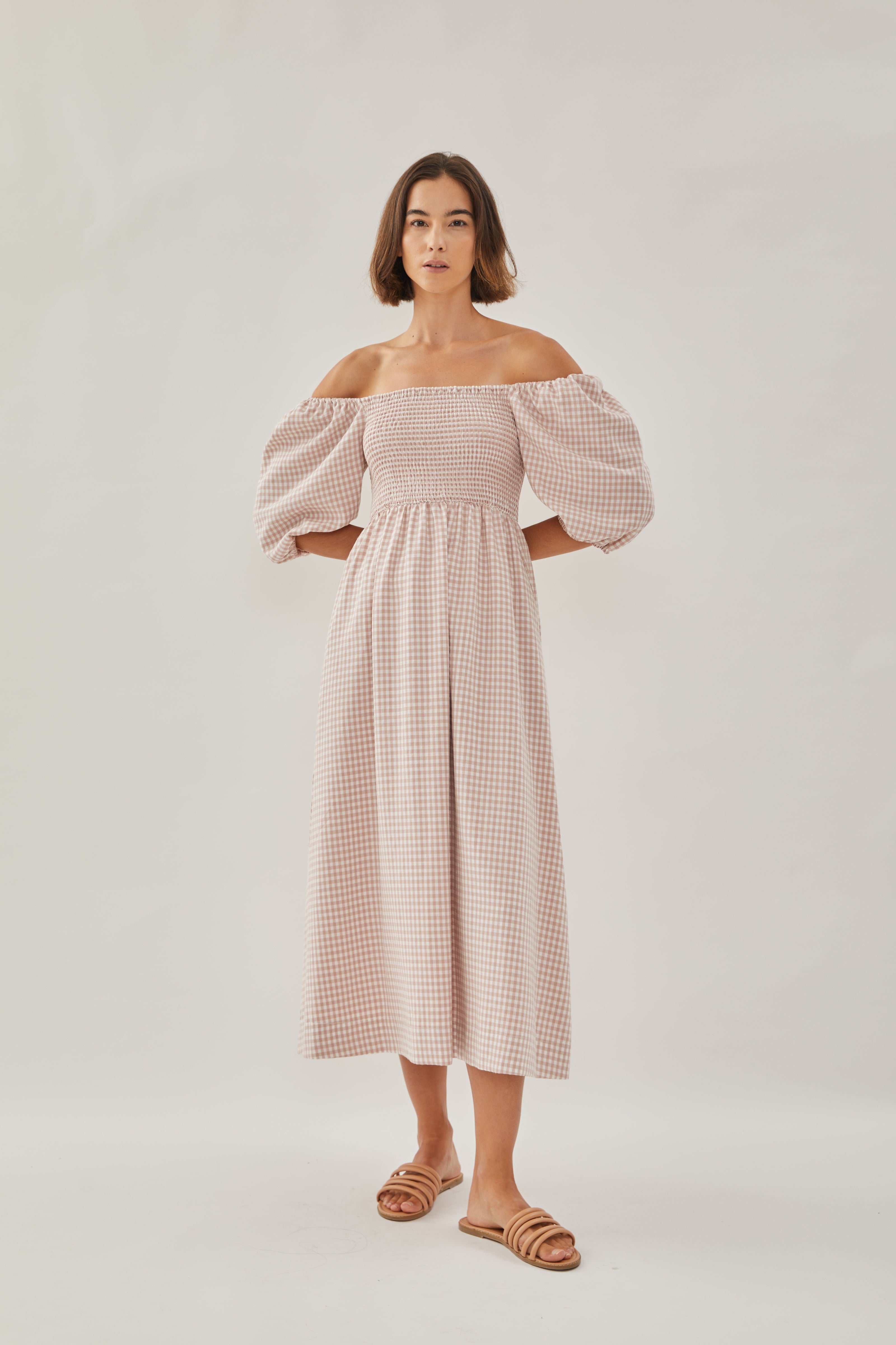 Puffed Sleeved Shirred Midi Dress in Gingham Pink