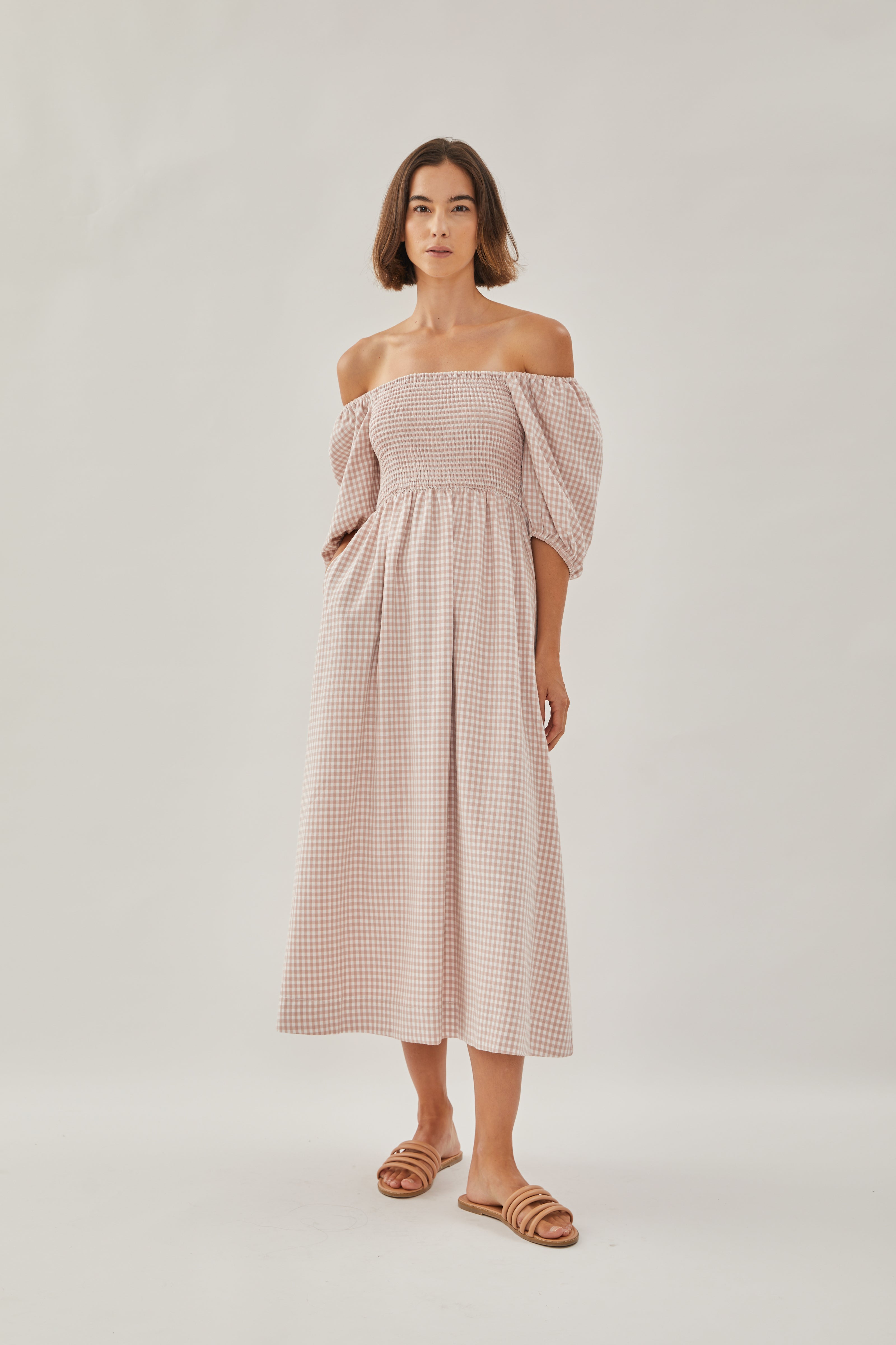 Puffed Sleeved Shirred Midi Dress in Gingham Pink