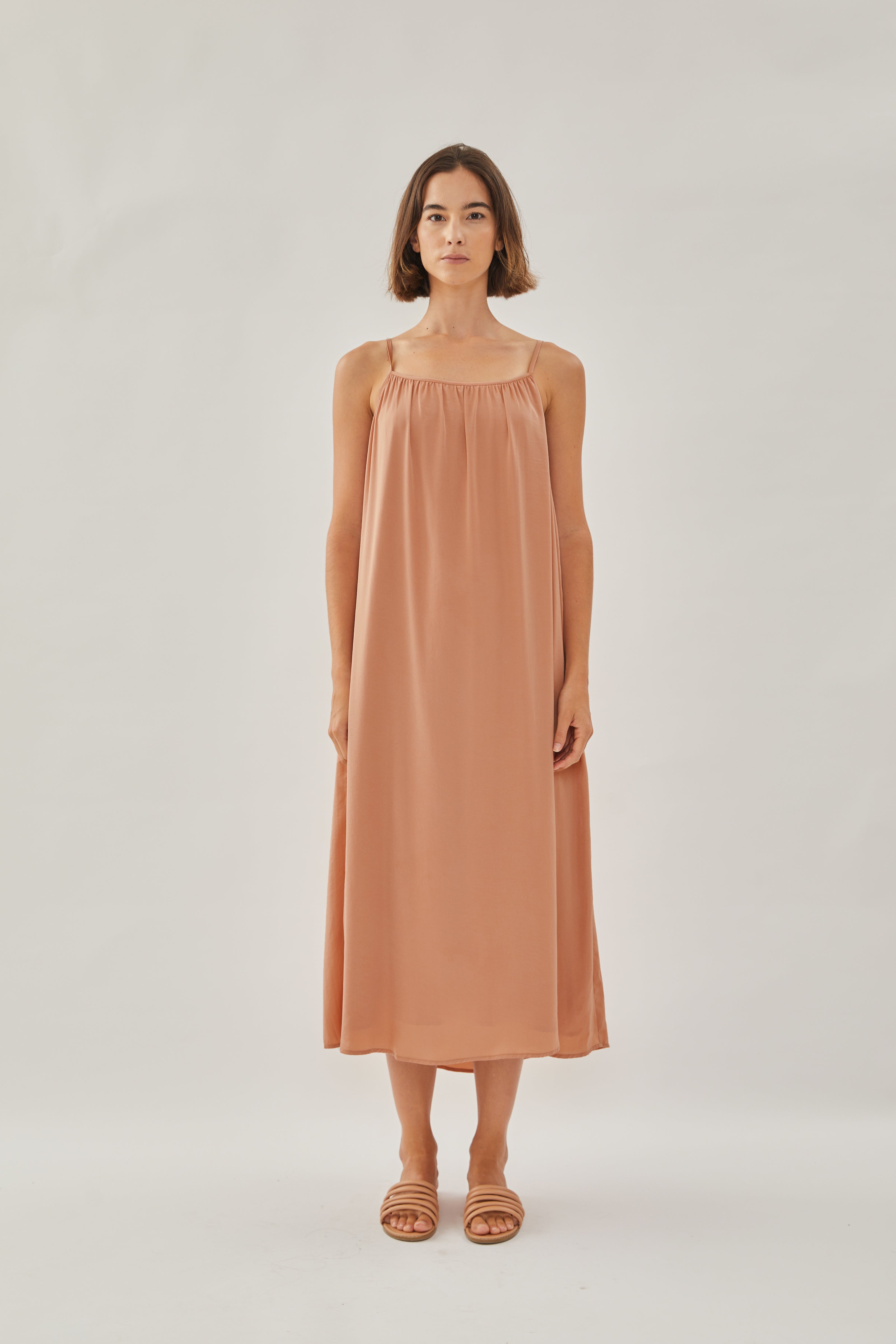 Gathered Midi Strap Dress in Sunset