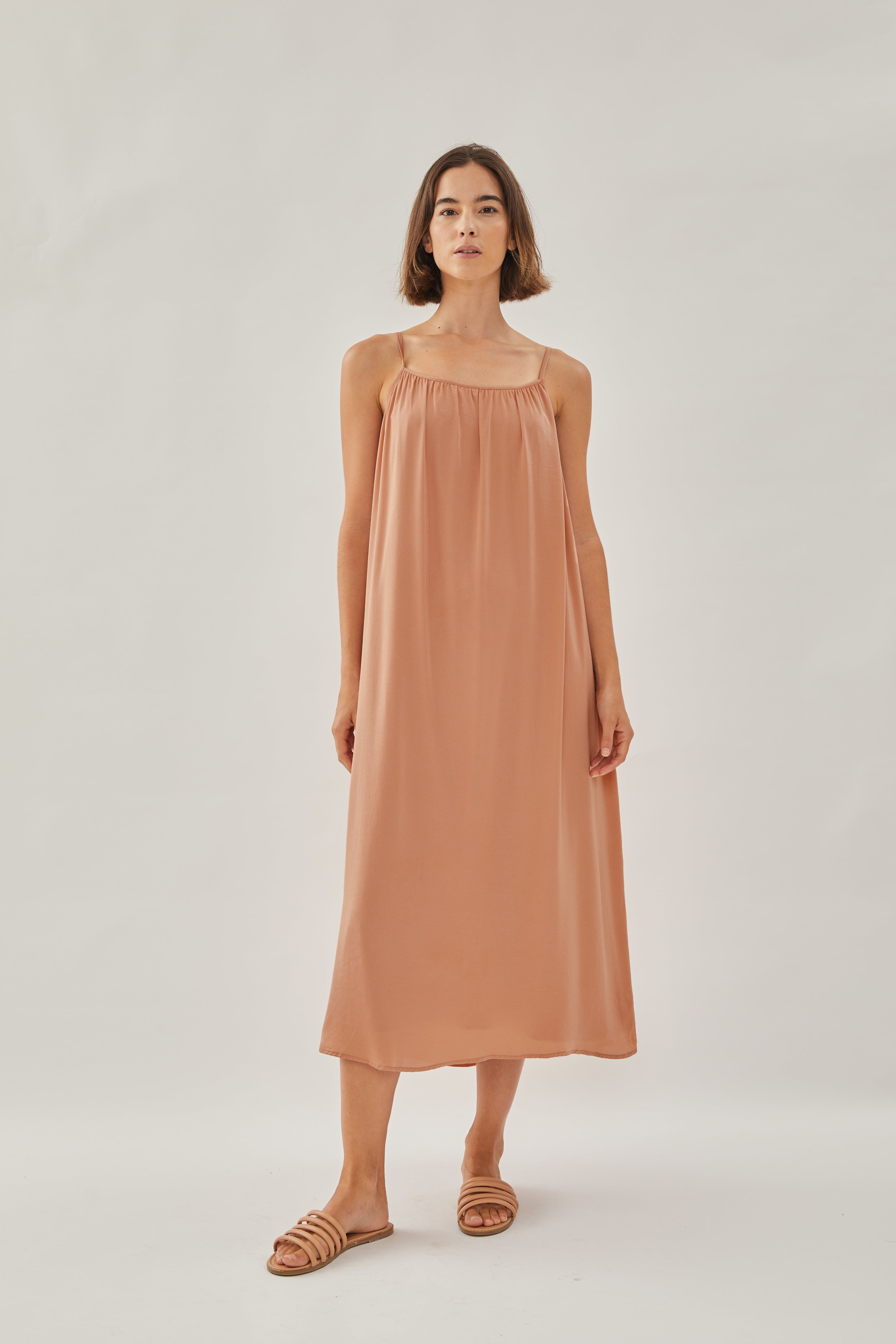 Gathered Midi Strap Dress in Sunset