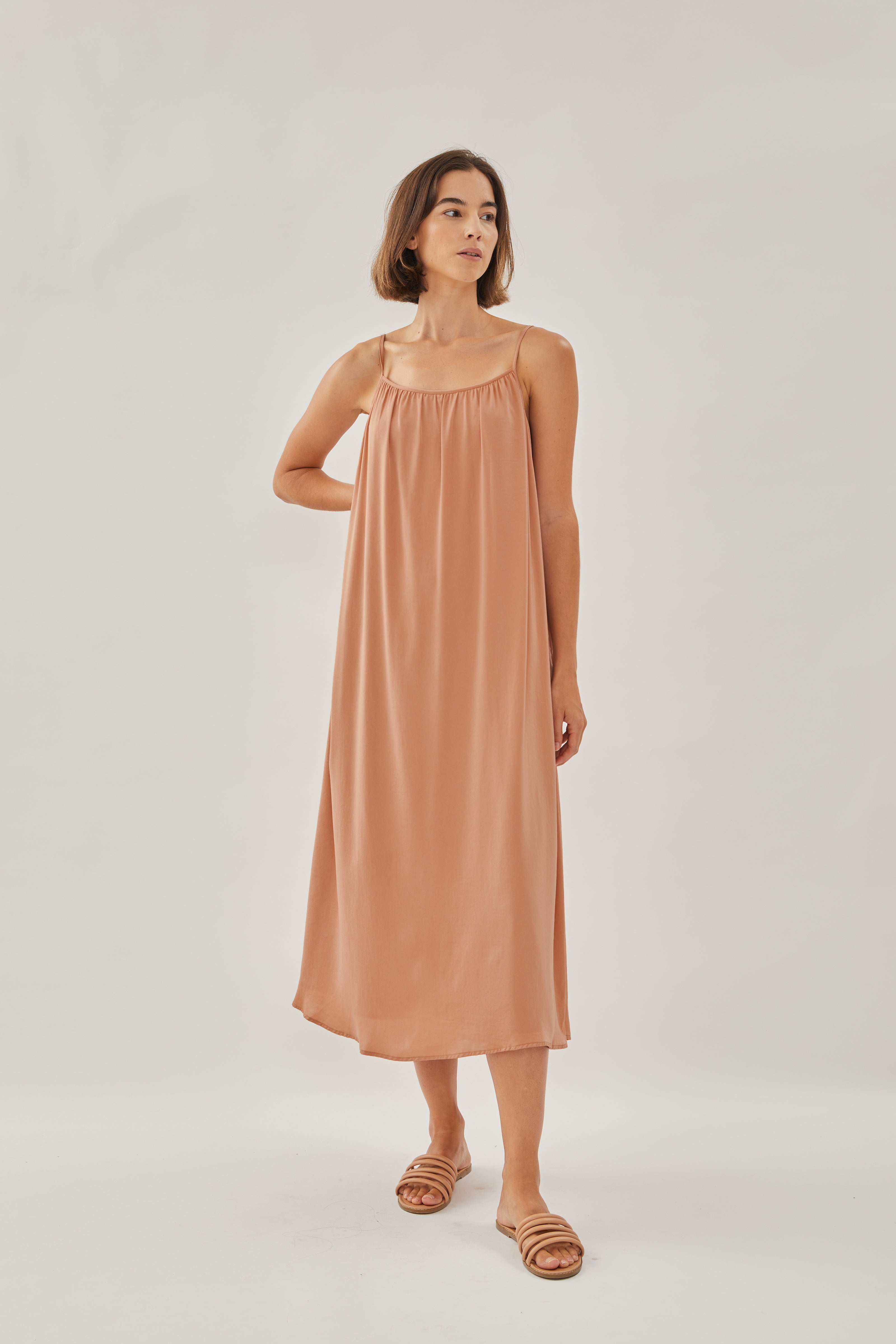 Gathered Midi Strap Dress in Sunset