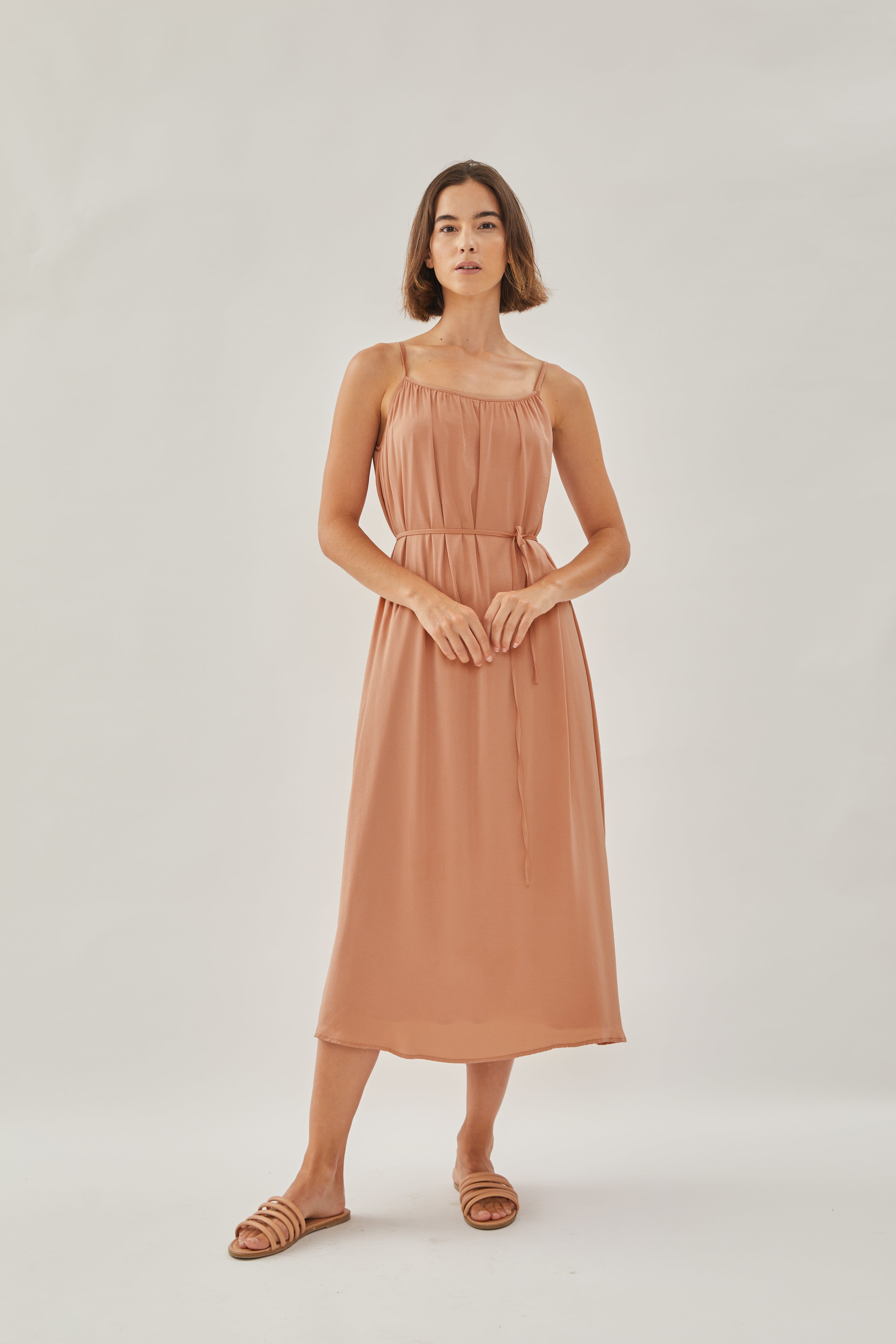 Gathered Midi Strap Dress in Sunset