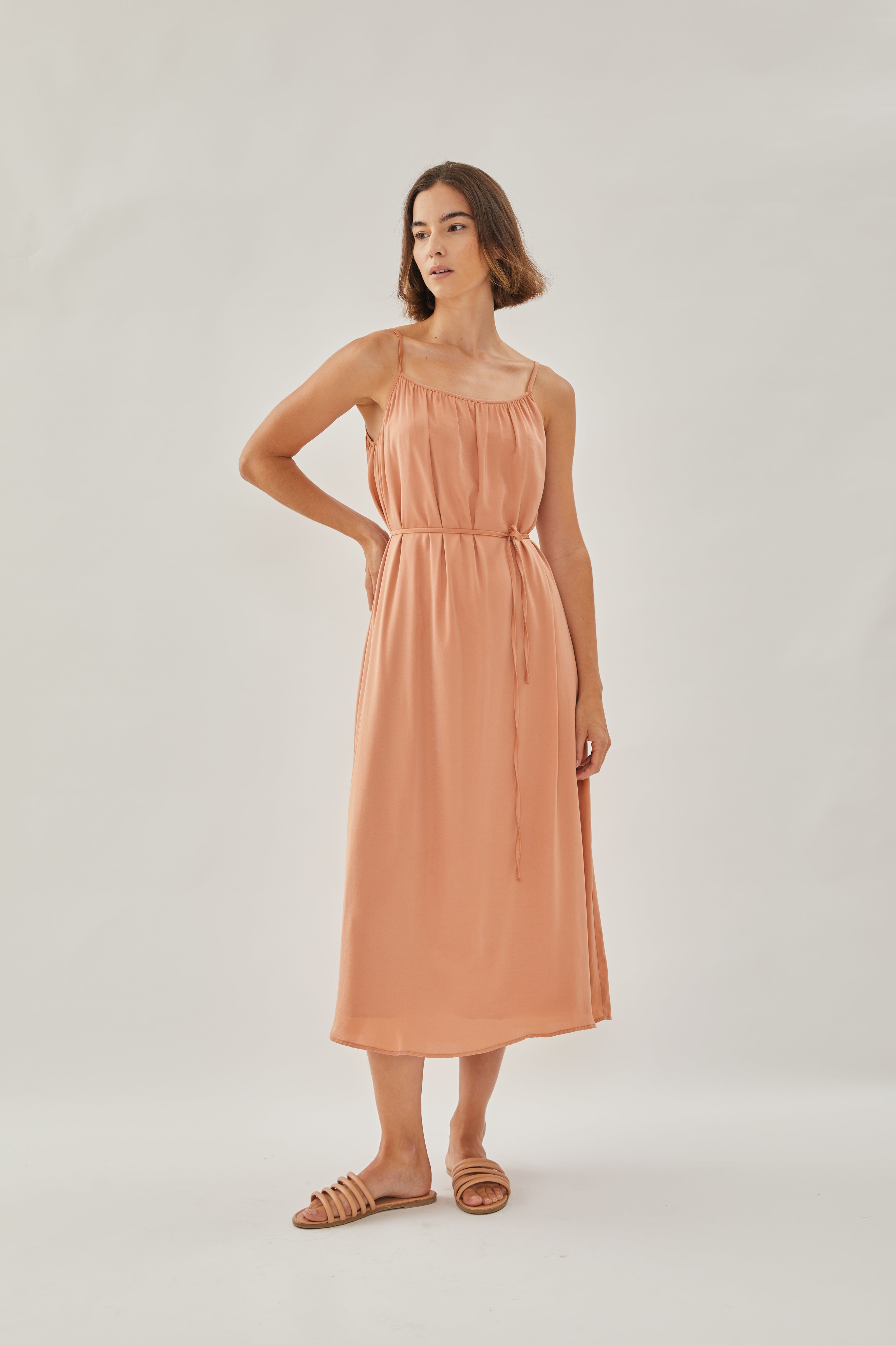 Gathered Midi Strap Dress in Sunset