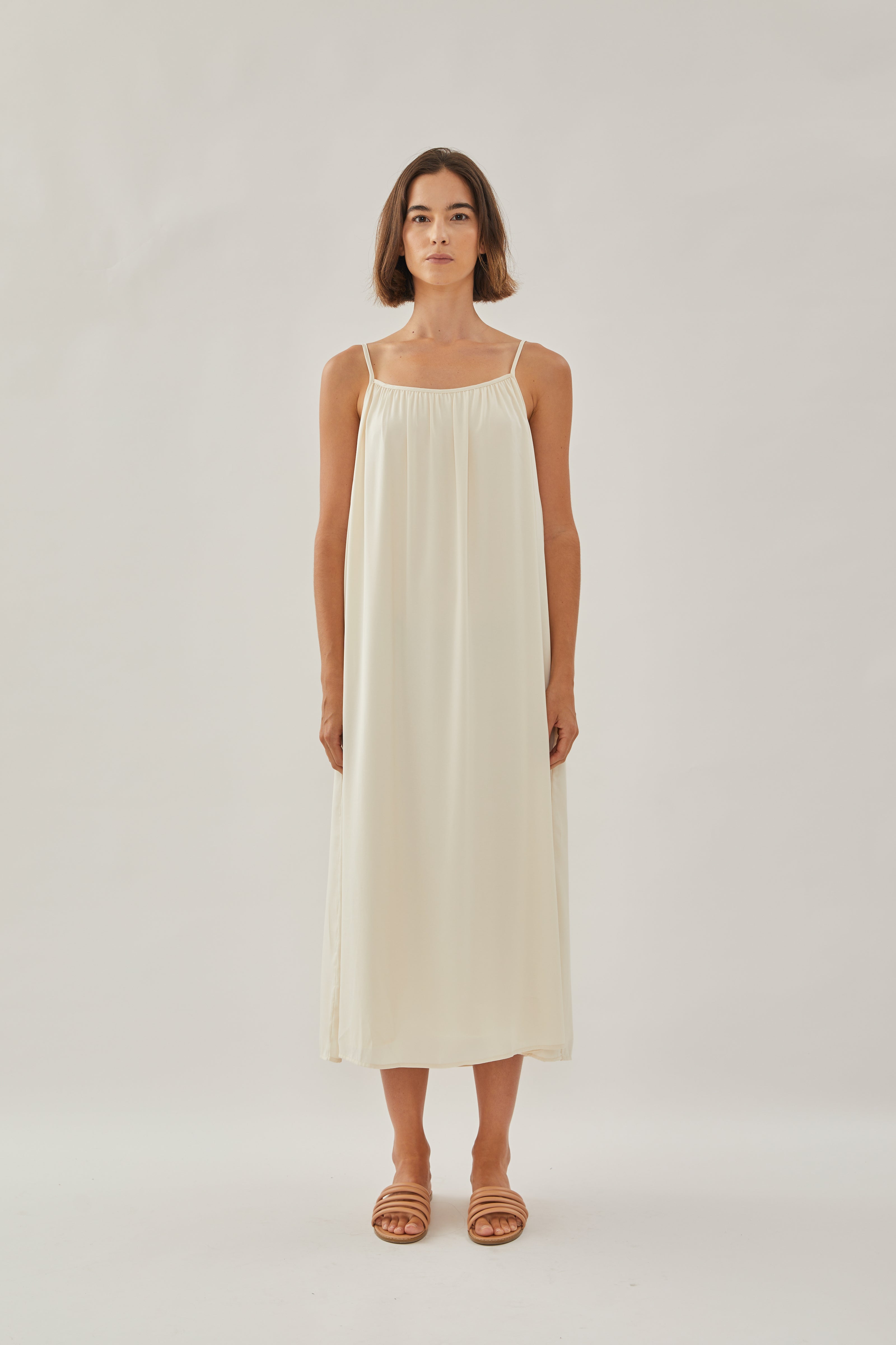 Gathered Midi Strap Dress in Ivory