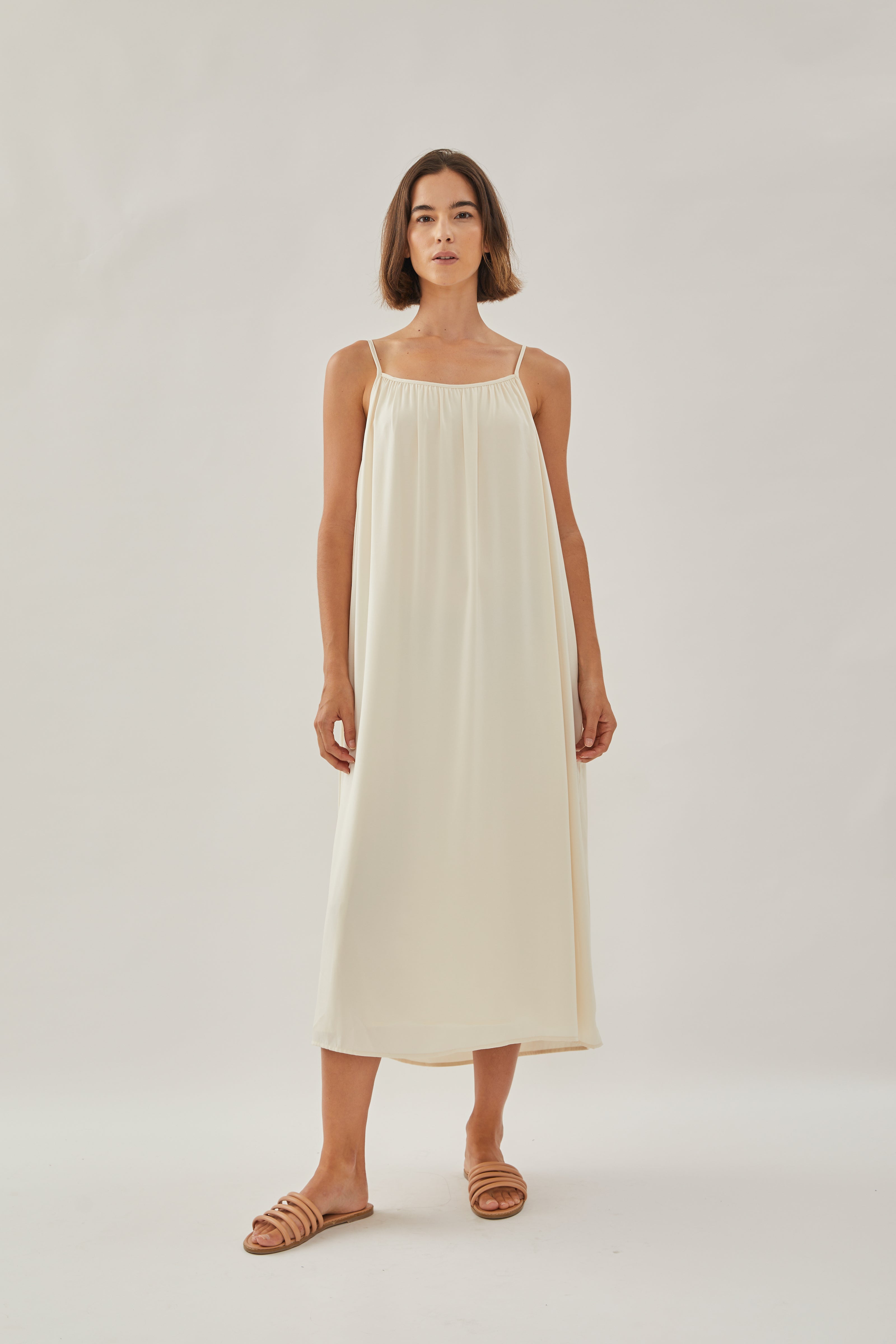 Gathered Midi Strap Dress in Ivory