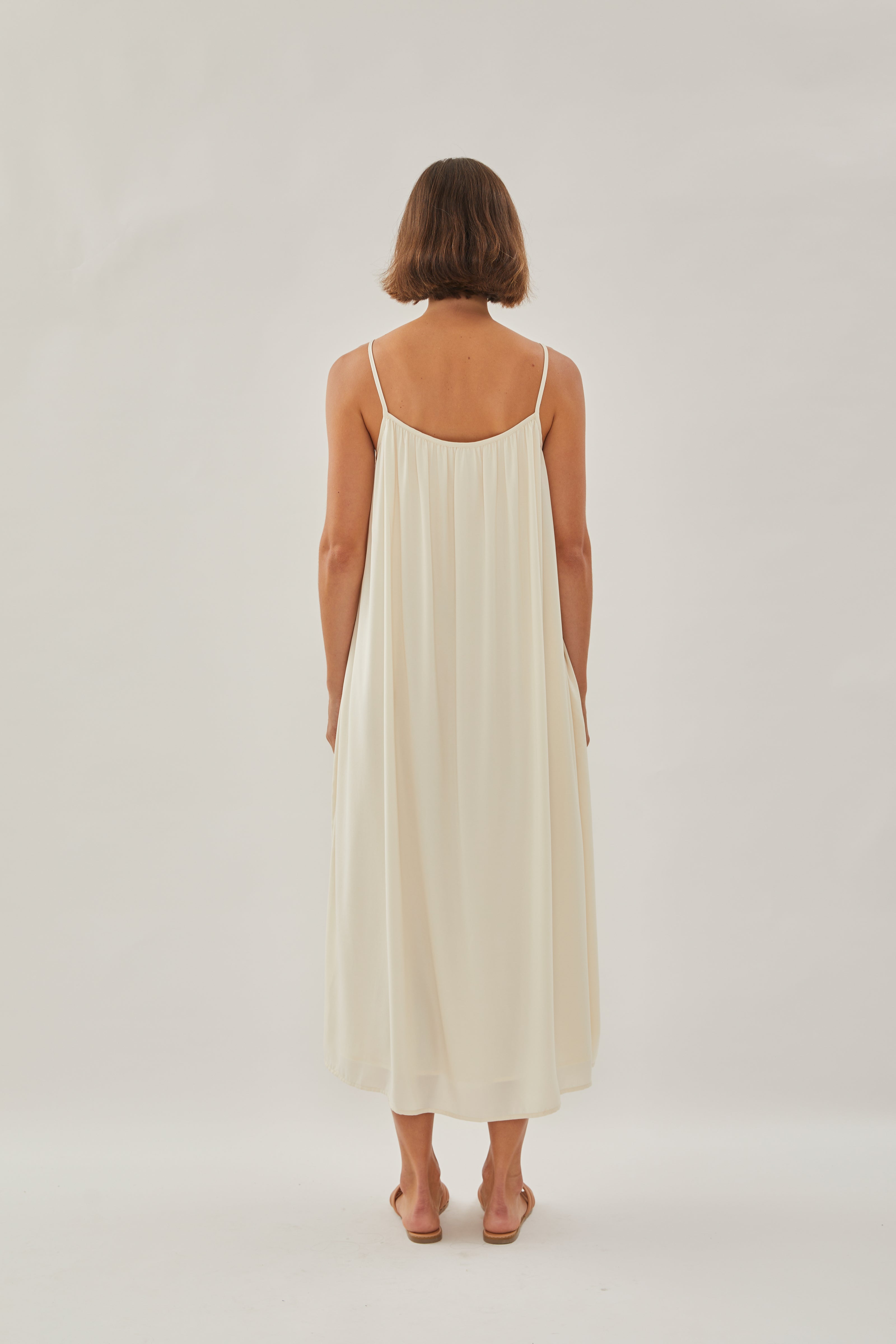 Gathered Midi Strap Dress in Ivory