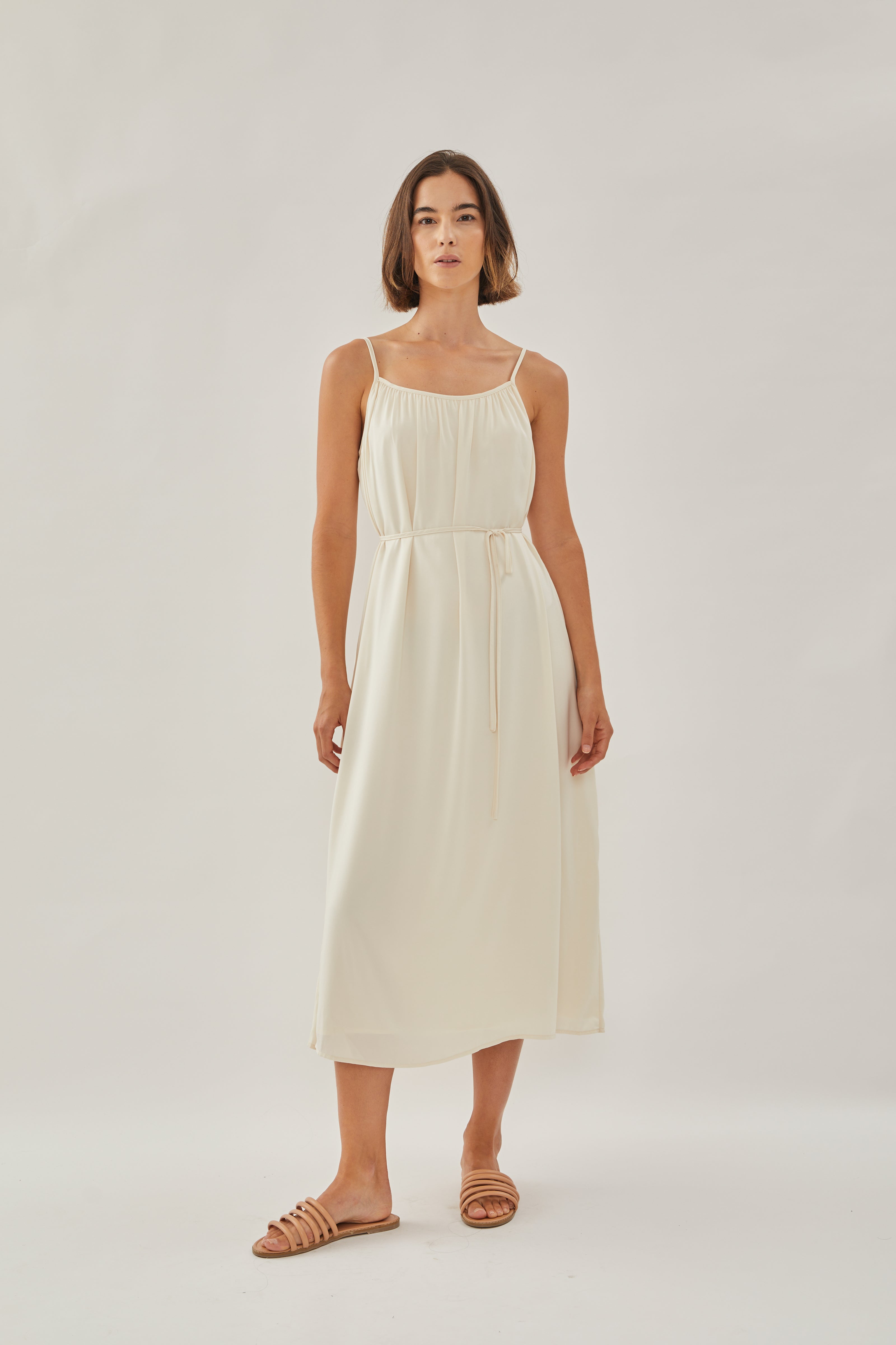 Gathered Midi Strap Dress in Ivory