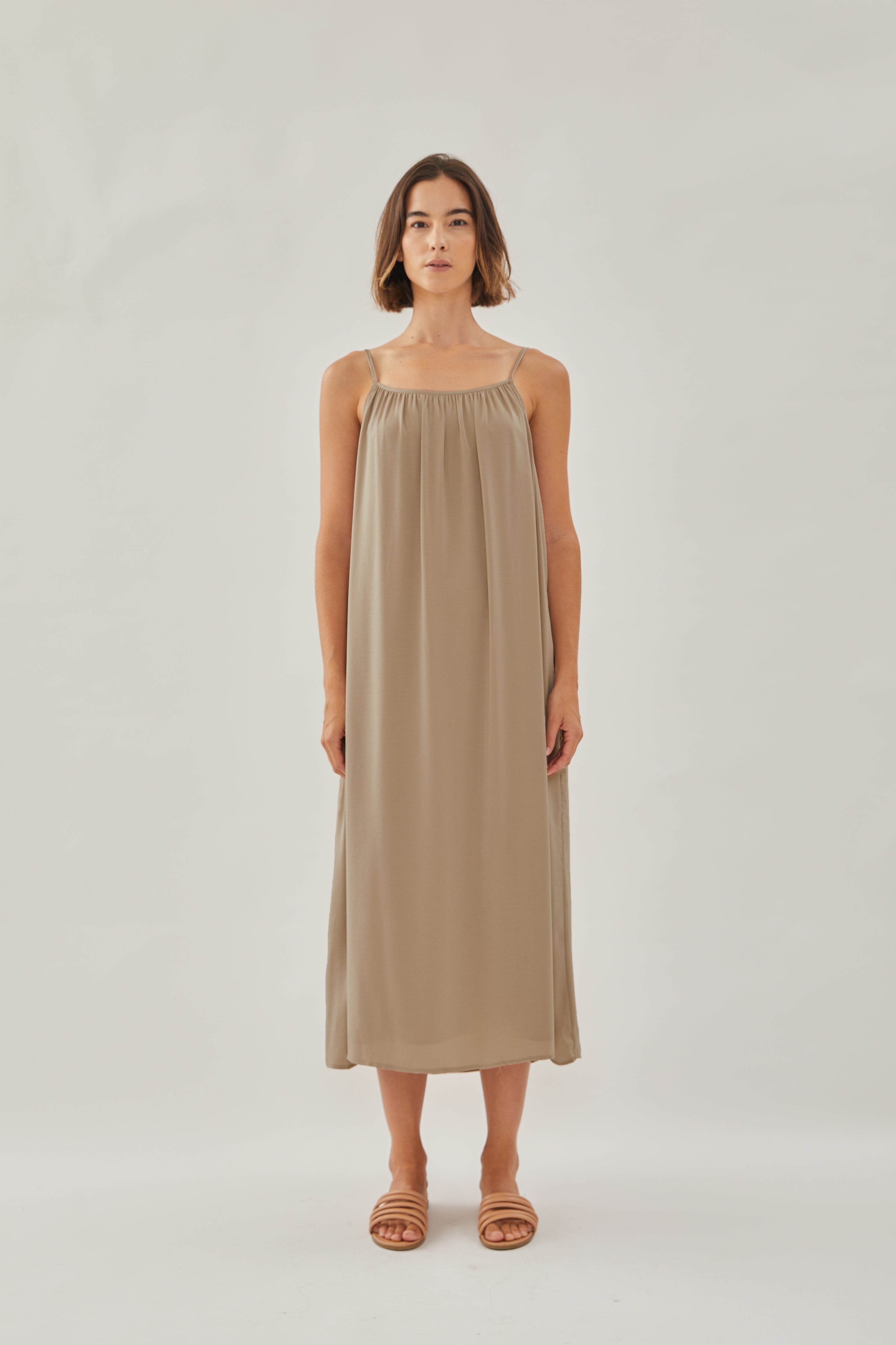 Gathered Midi Strap Dress in Tan