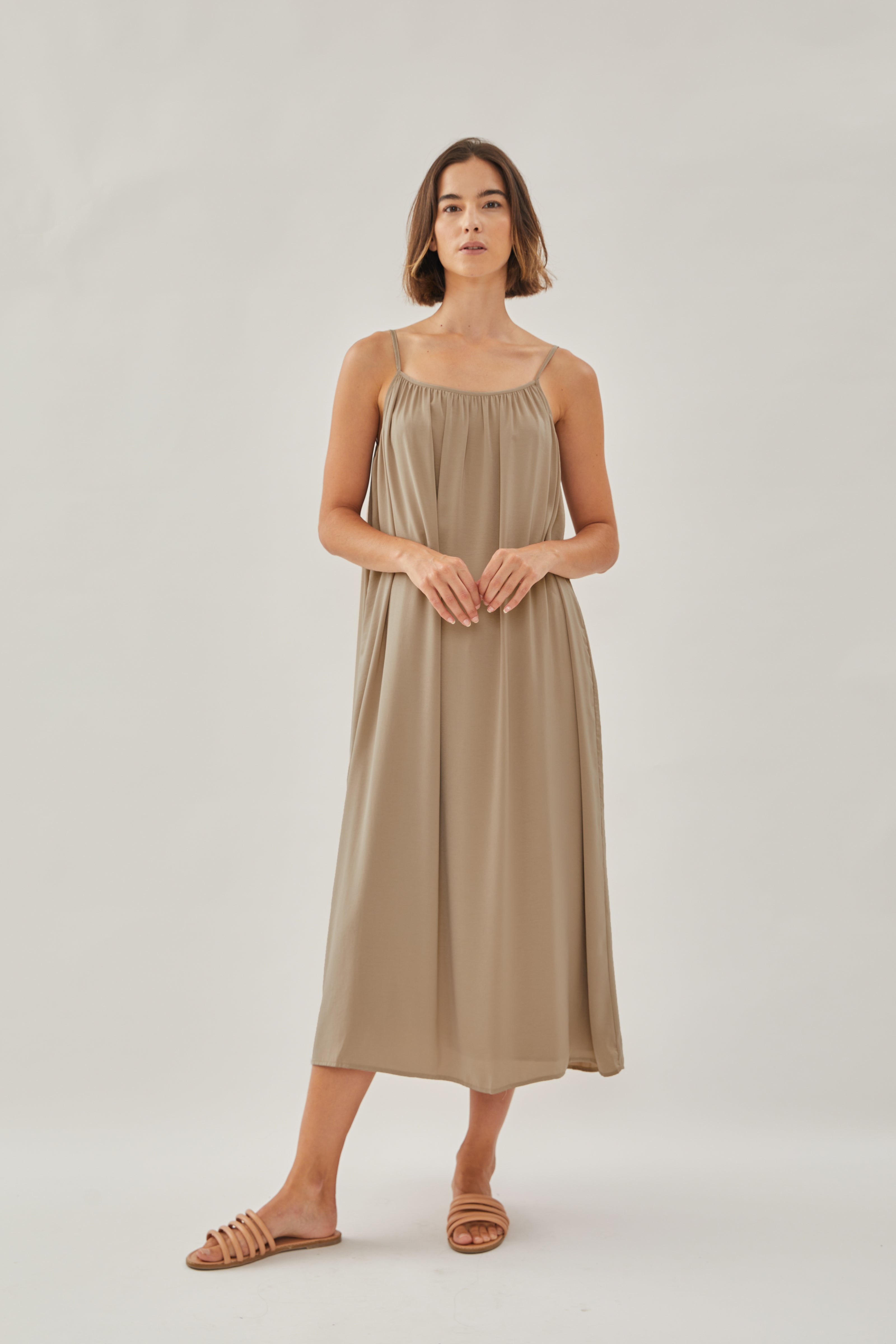 Gathered Midi Strap Dress in Tan