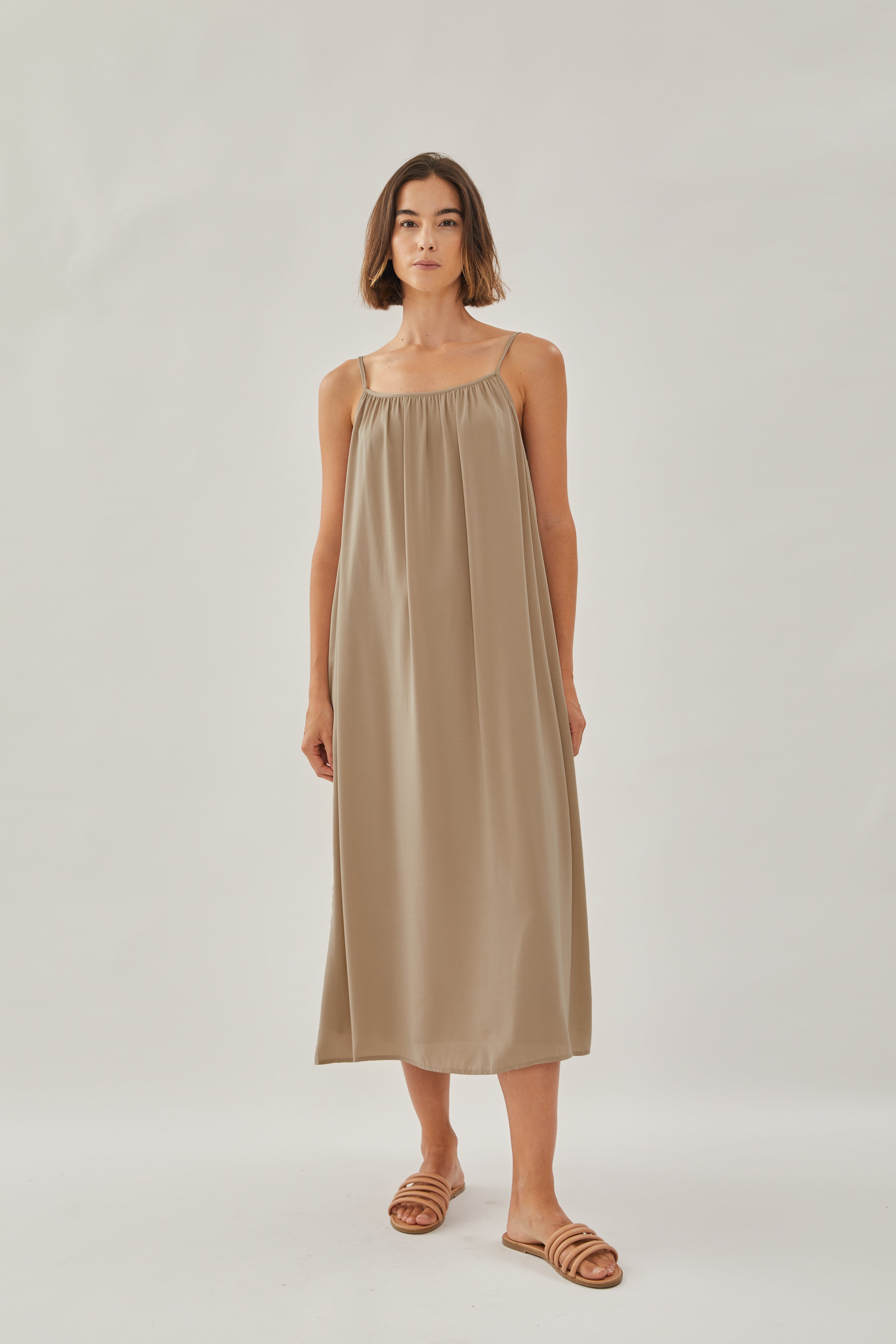 Gathered Midi Strap Dress in Tan