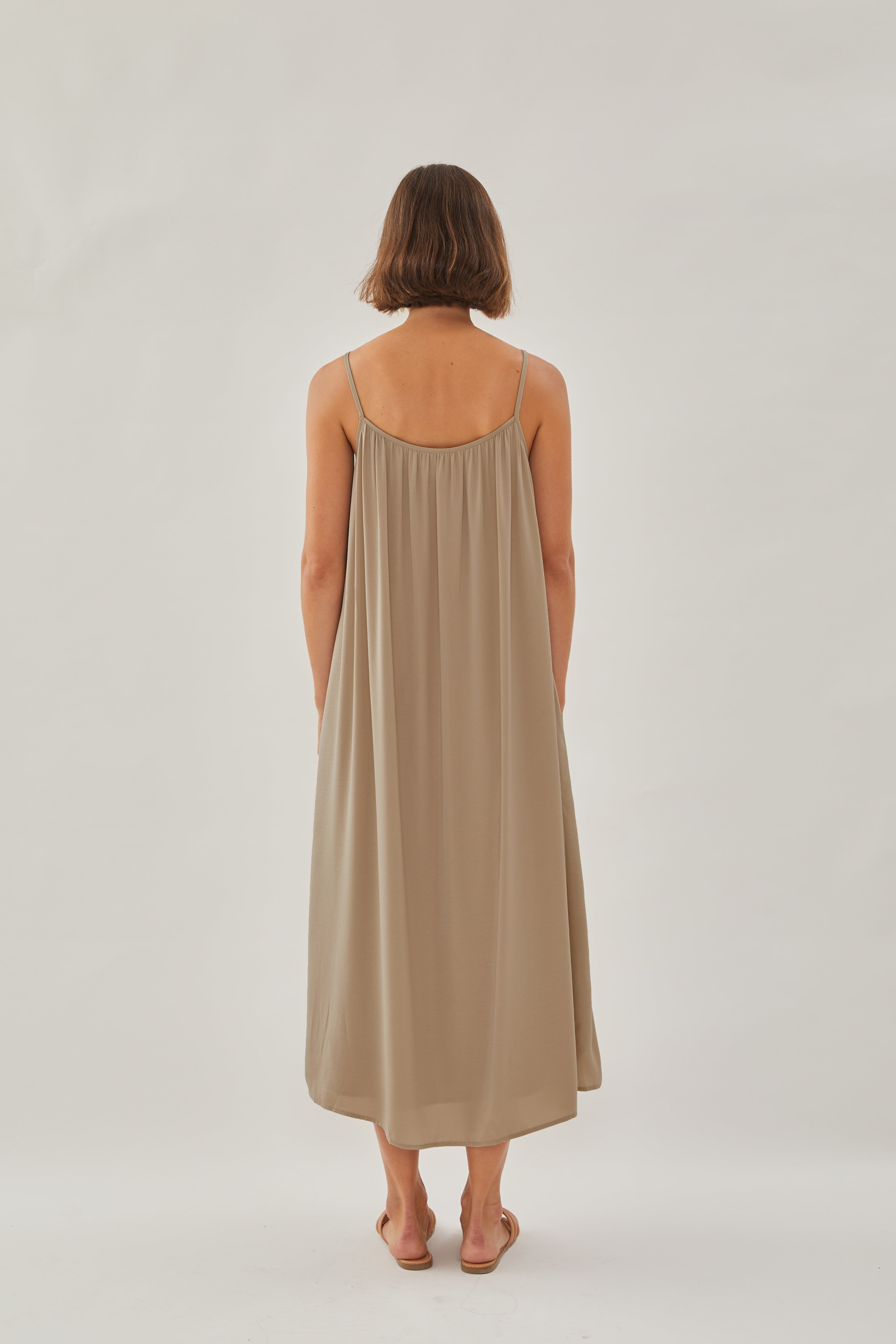 Gathered Midi Strap Dress in Tan