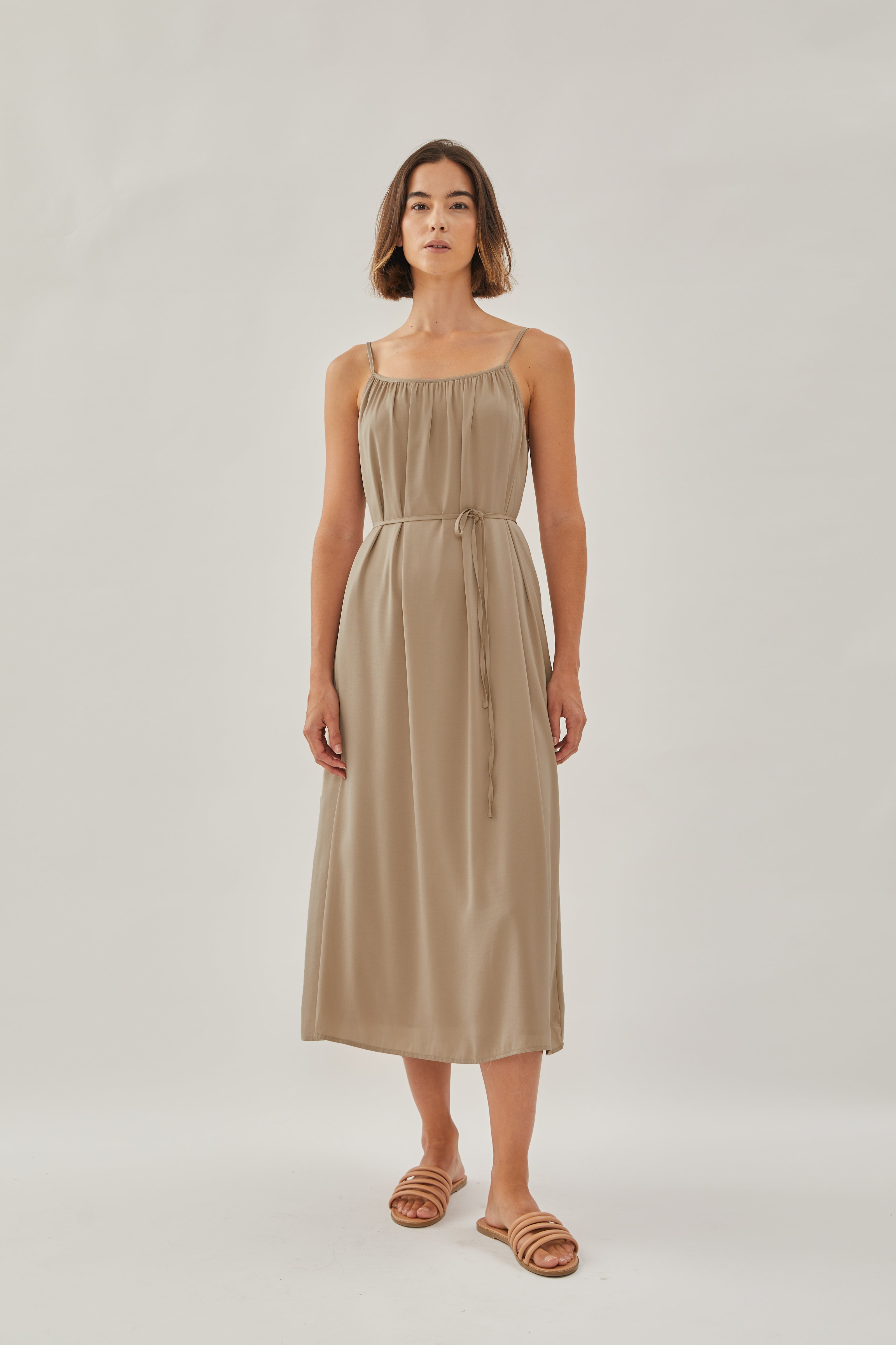 Gathered Midi Strap Dress in Tan