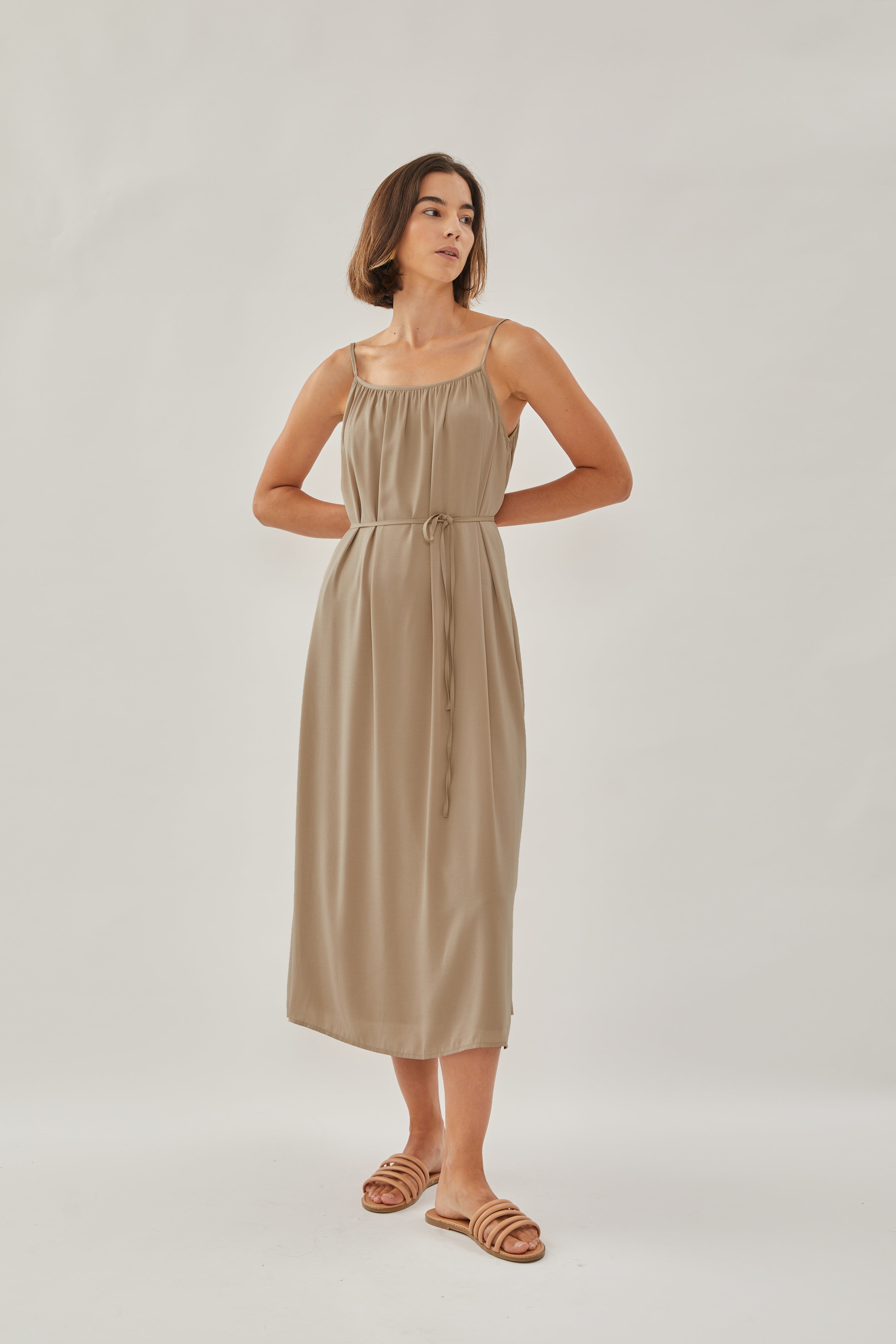 Gathered Midi Strap Dress in Tan