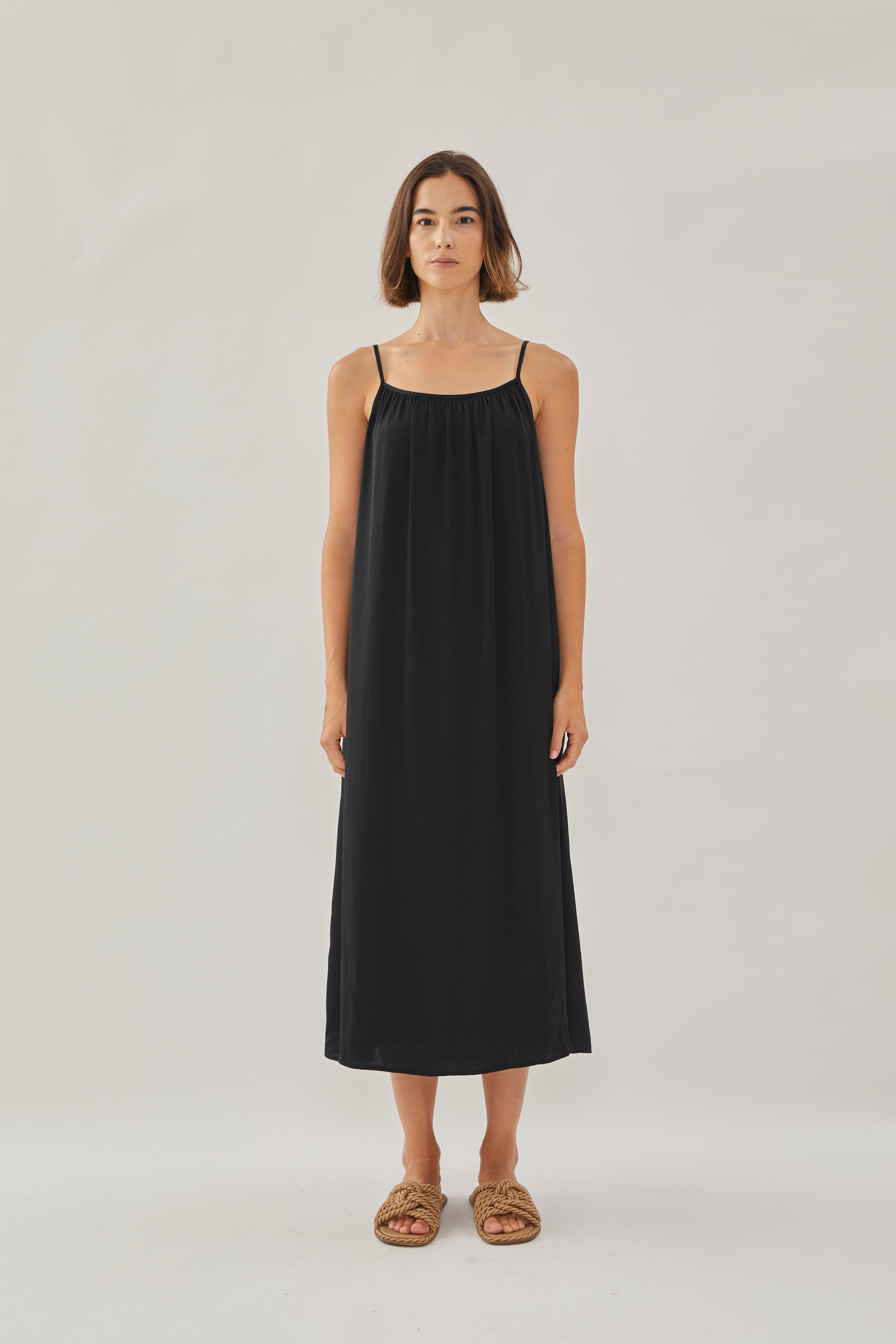 Gathered Midi Strap Dress in Black