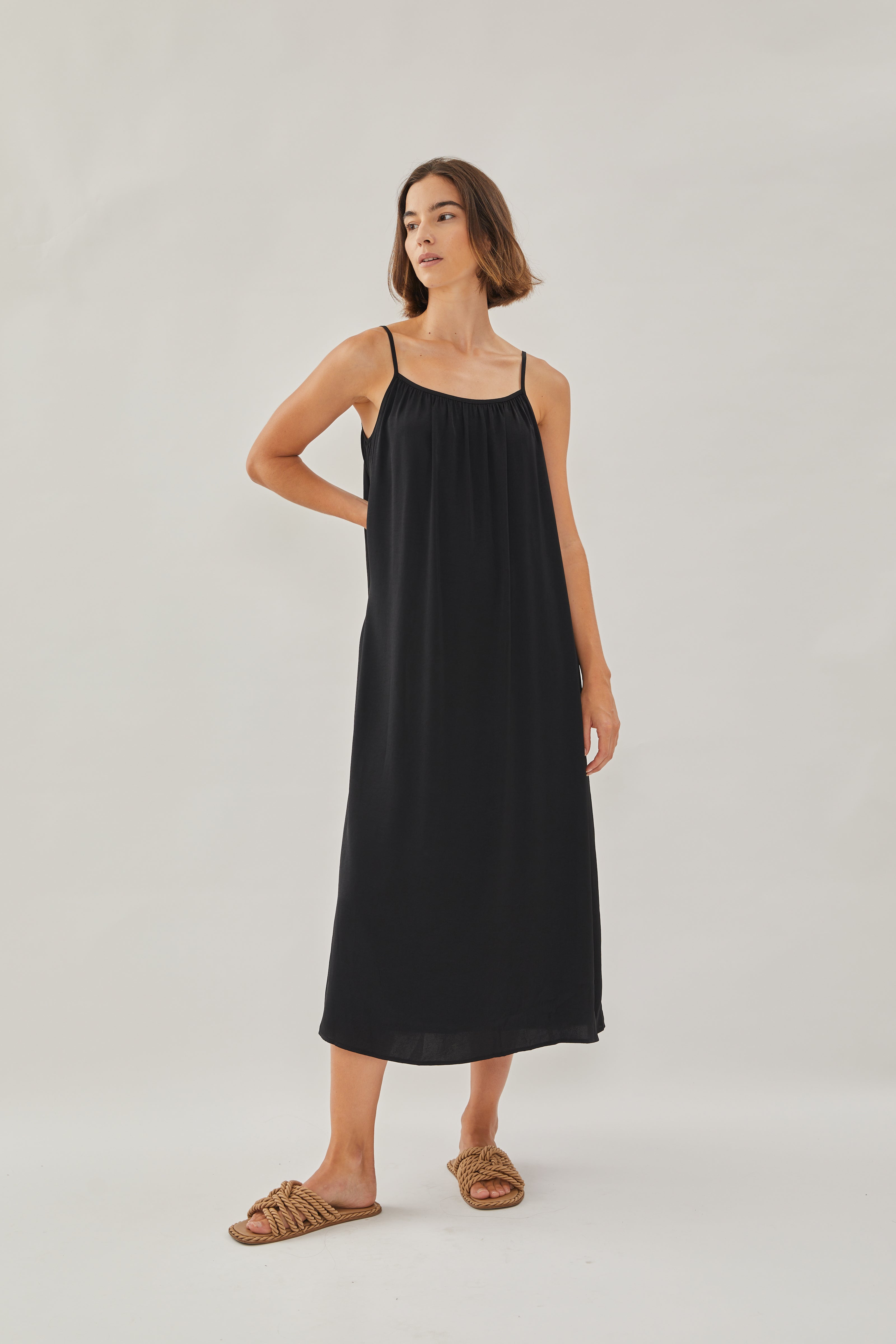 Gathered Midi Strap Dress in Black