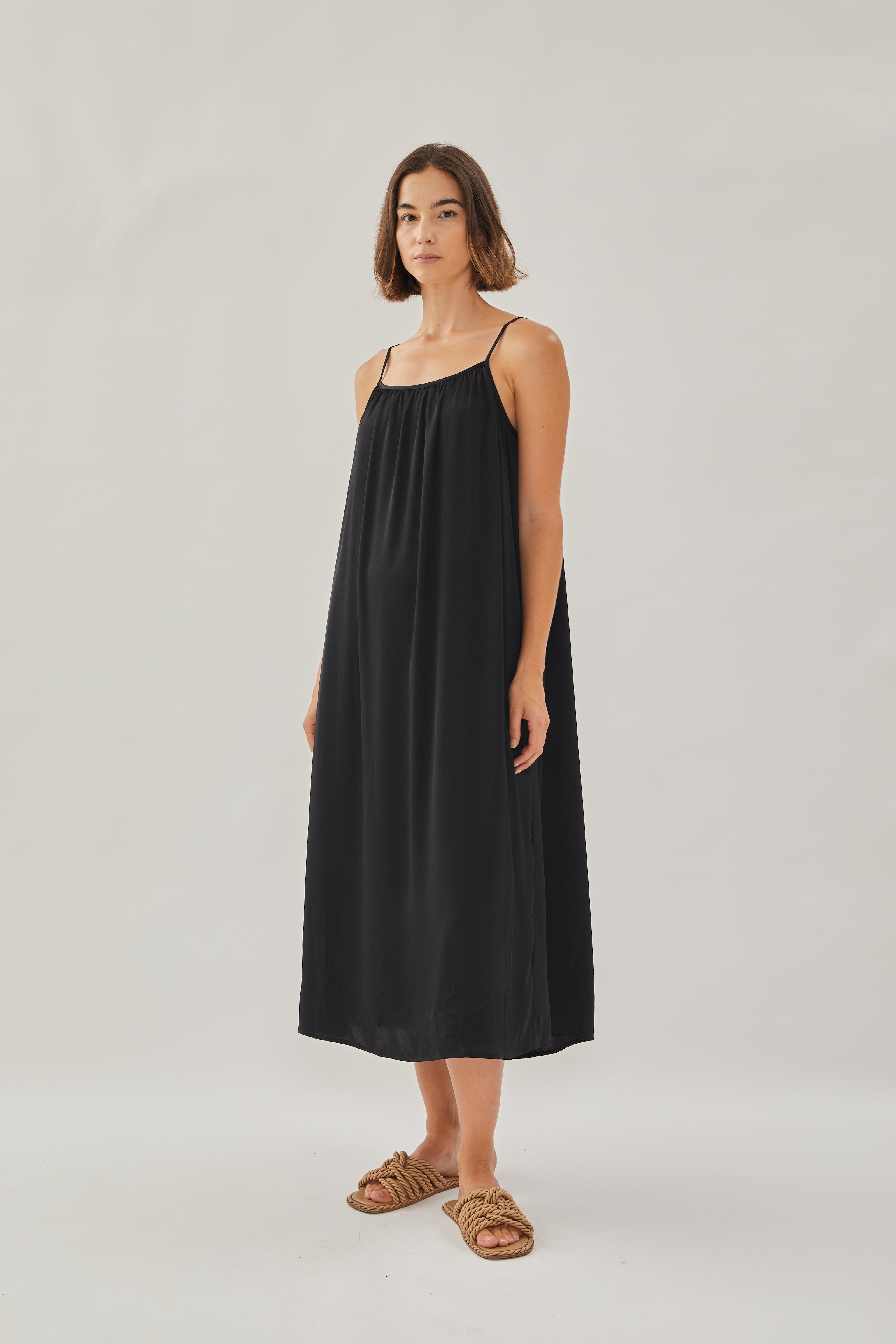 Gathered Midi Strap Dress in Black