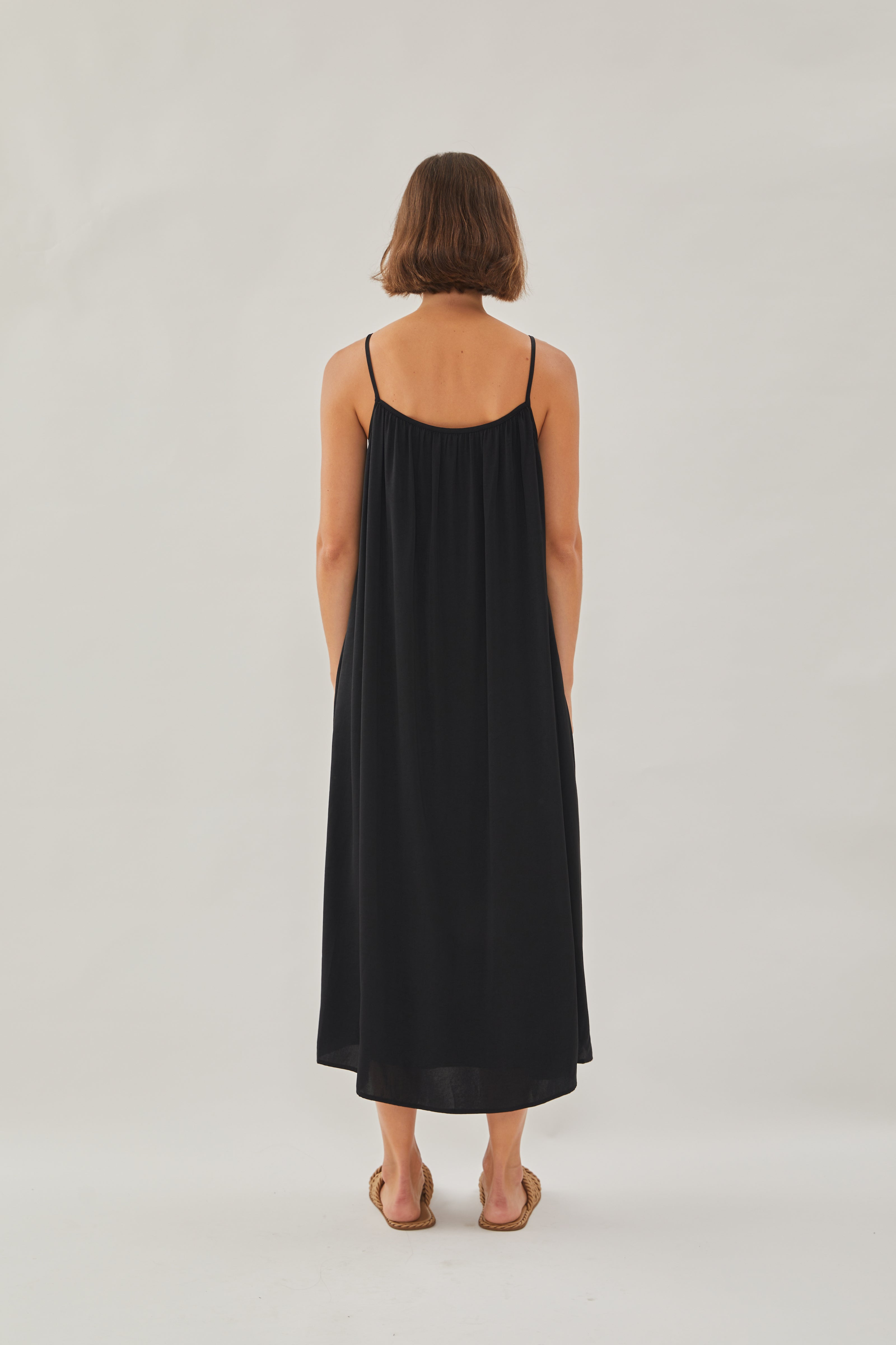 Gathered Midi Strap Dress in Black