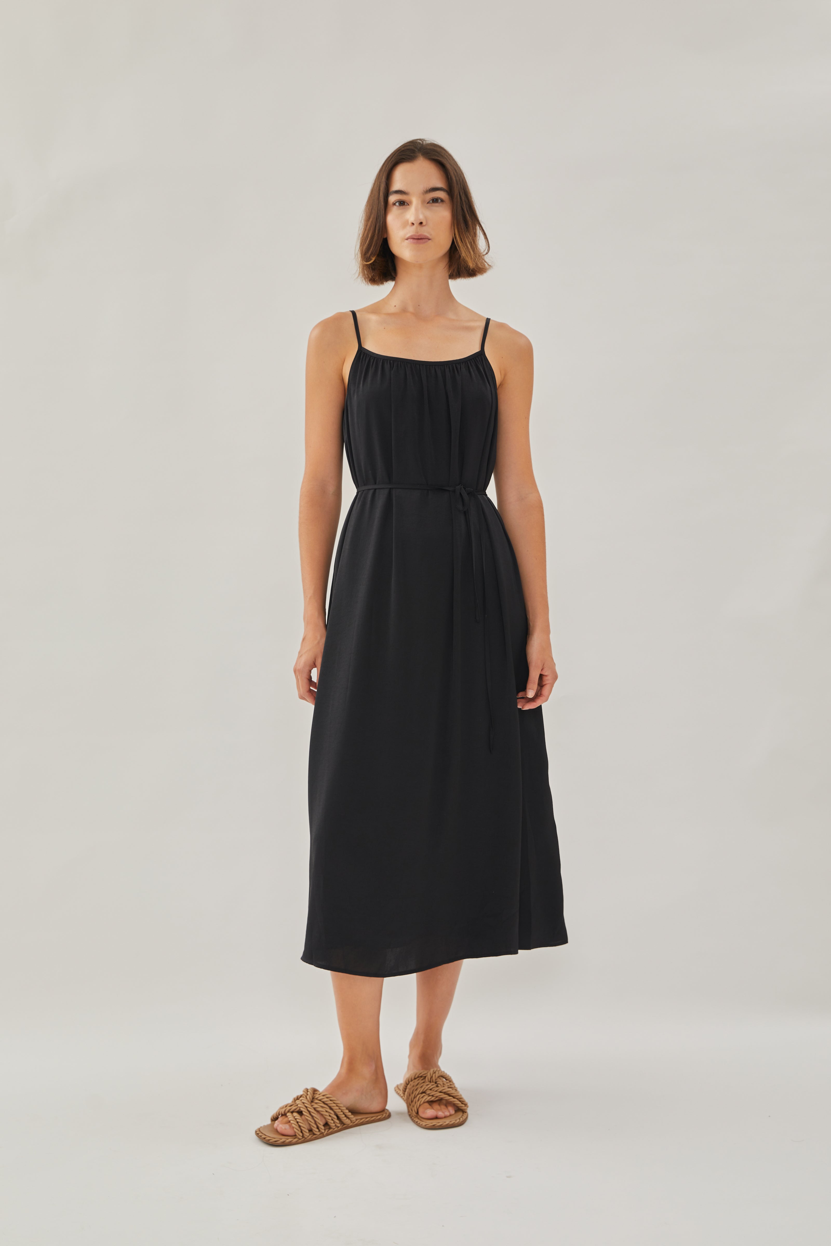 Gathered Midi Strap Dress in Black