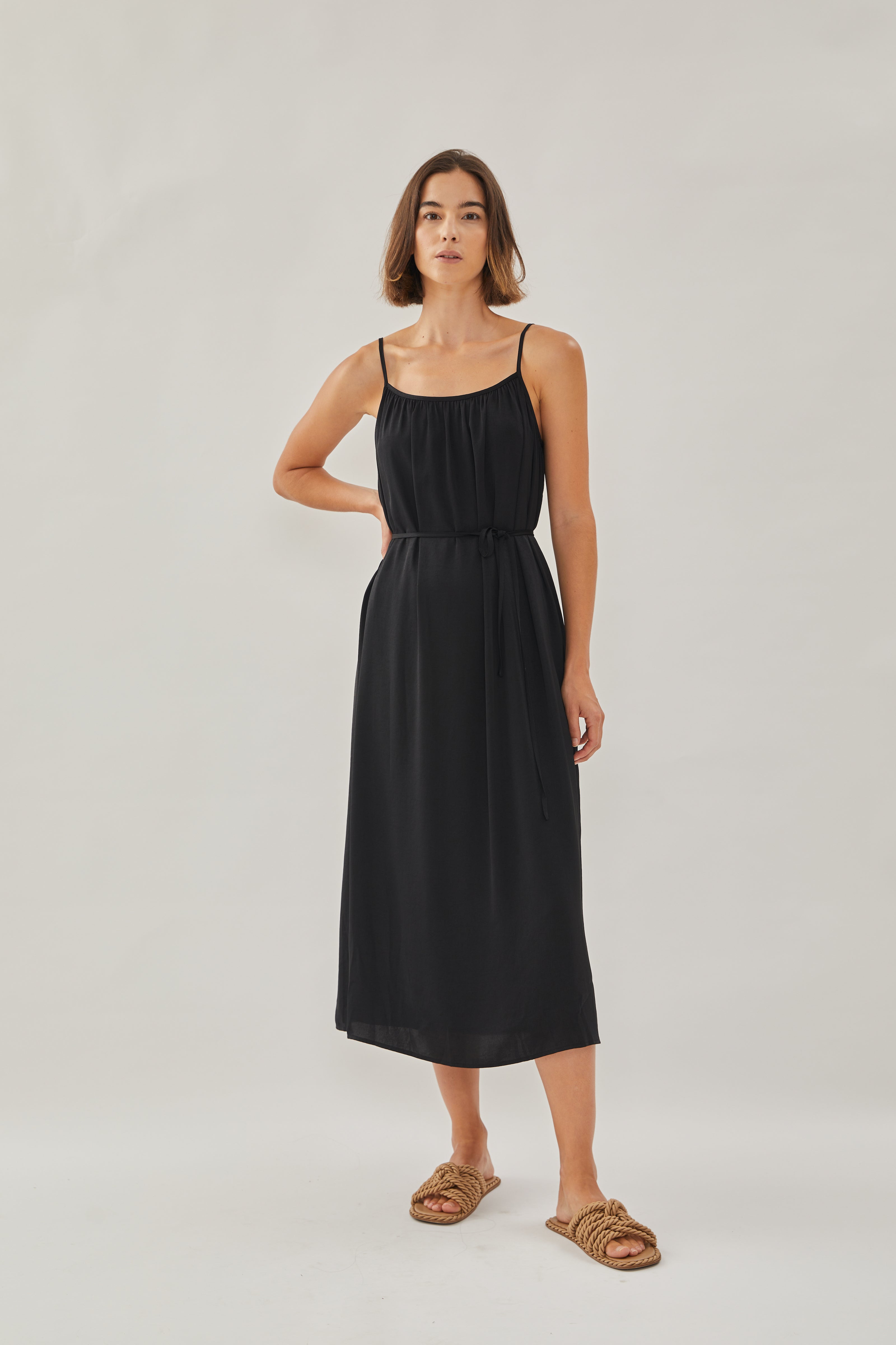 Gathered Midi Strap Dress in Black