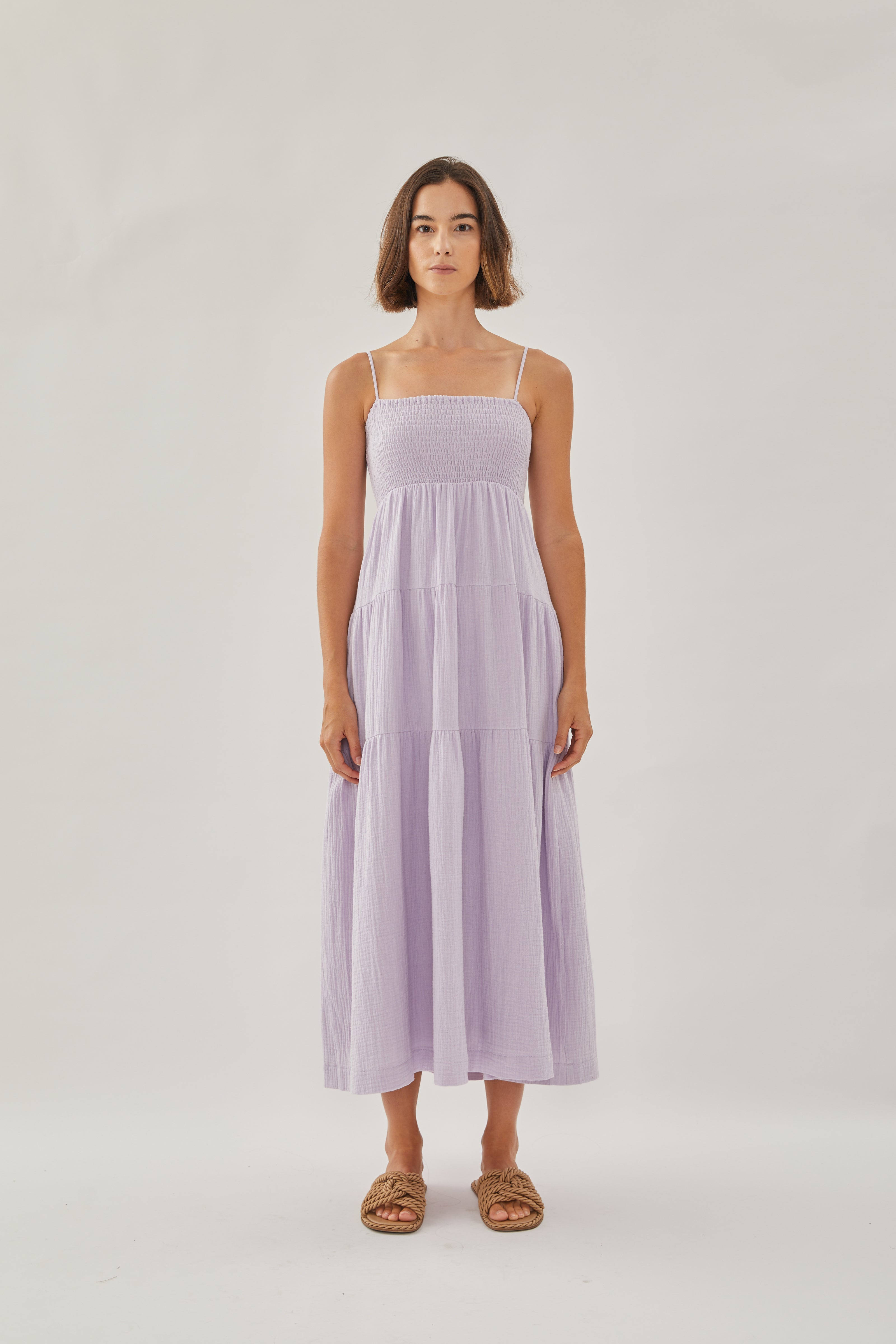 Shirred Maxi Dress in Soft Purple