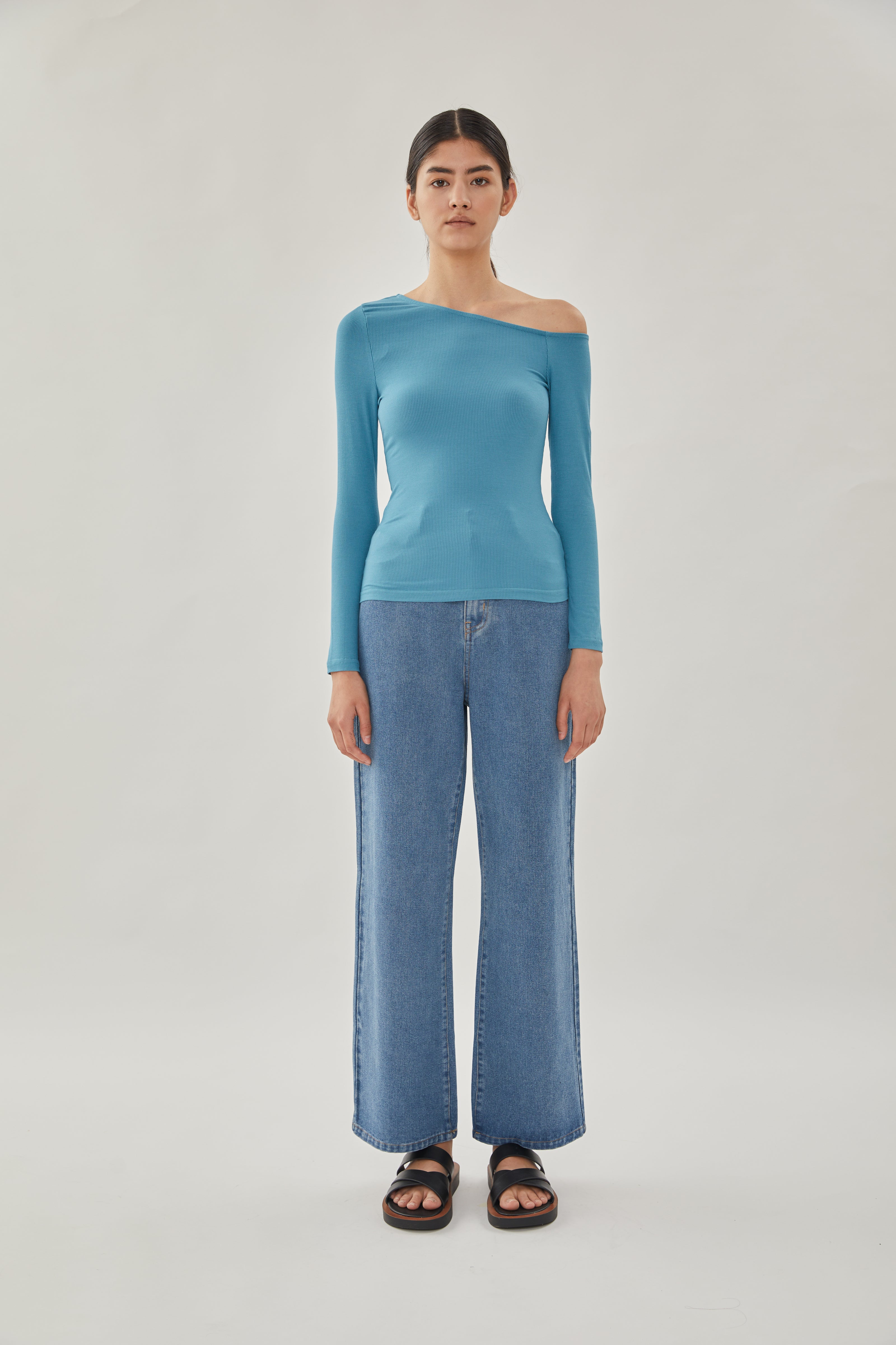 Asymmetrical Rib Top in Stone Blue