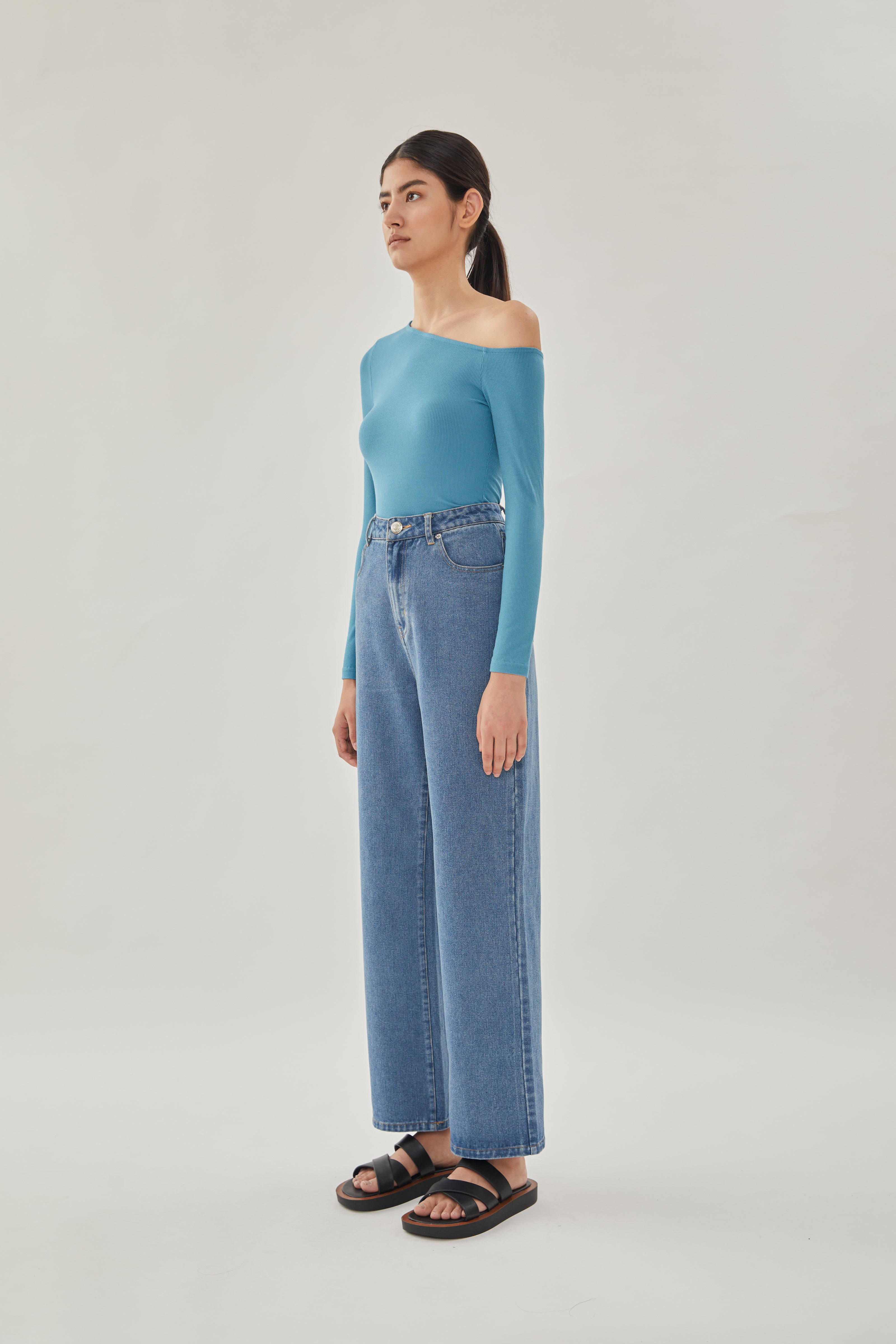 Asymmetrical Rib Top in Stone Blue