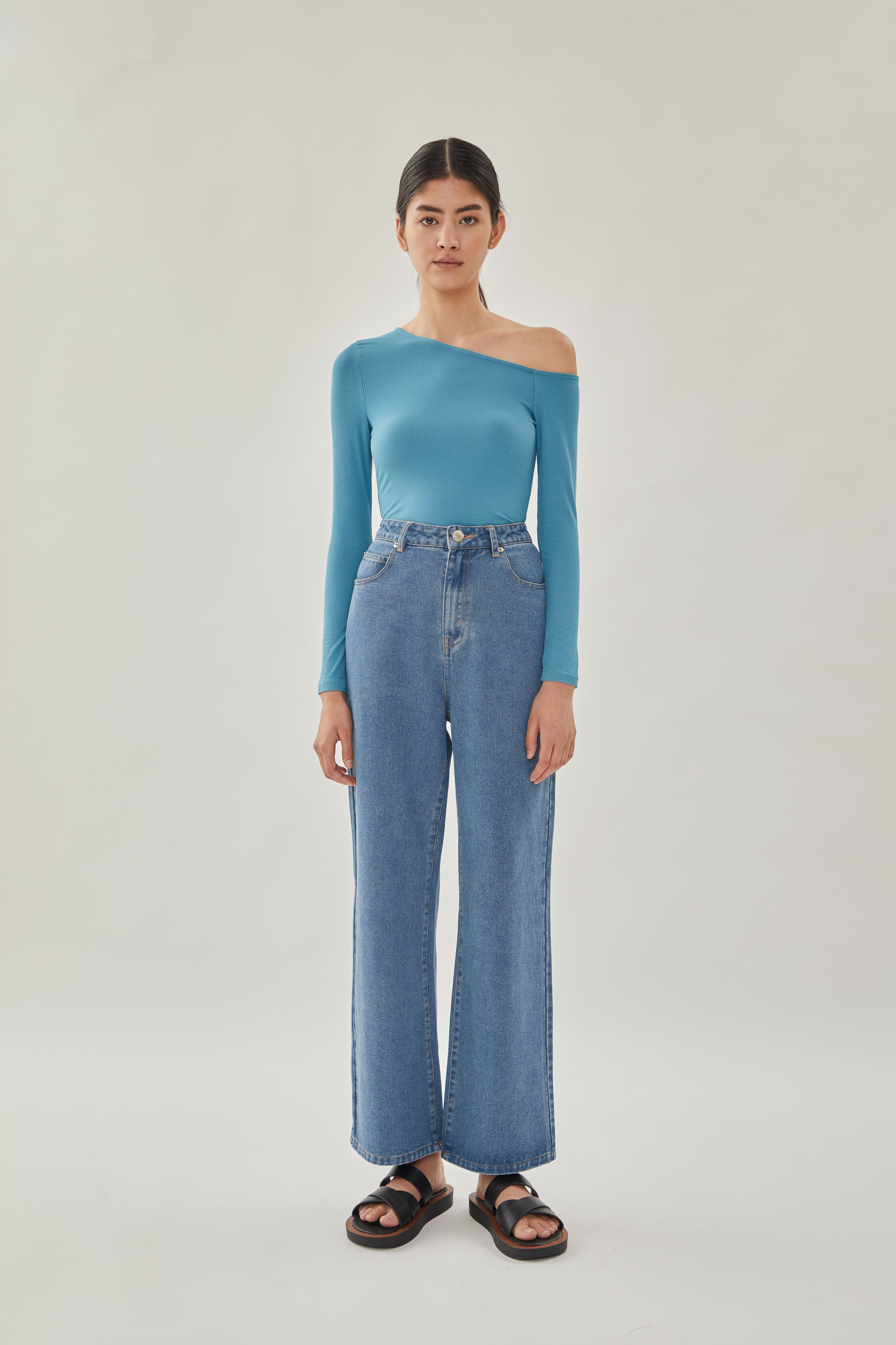 Asymmetrical Rib Top in Stone Blue