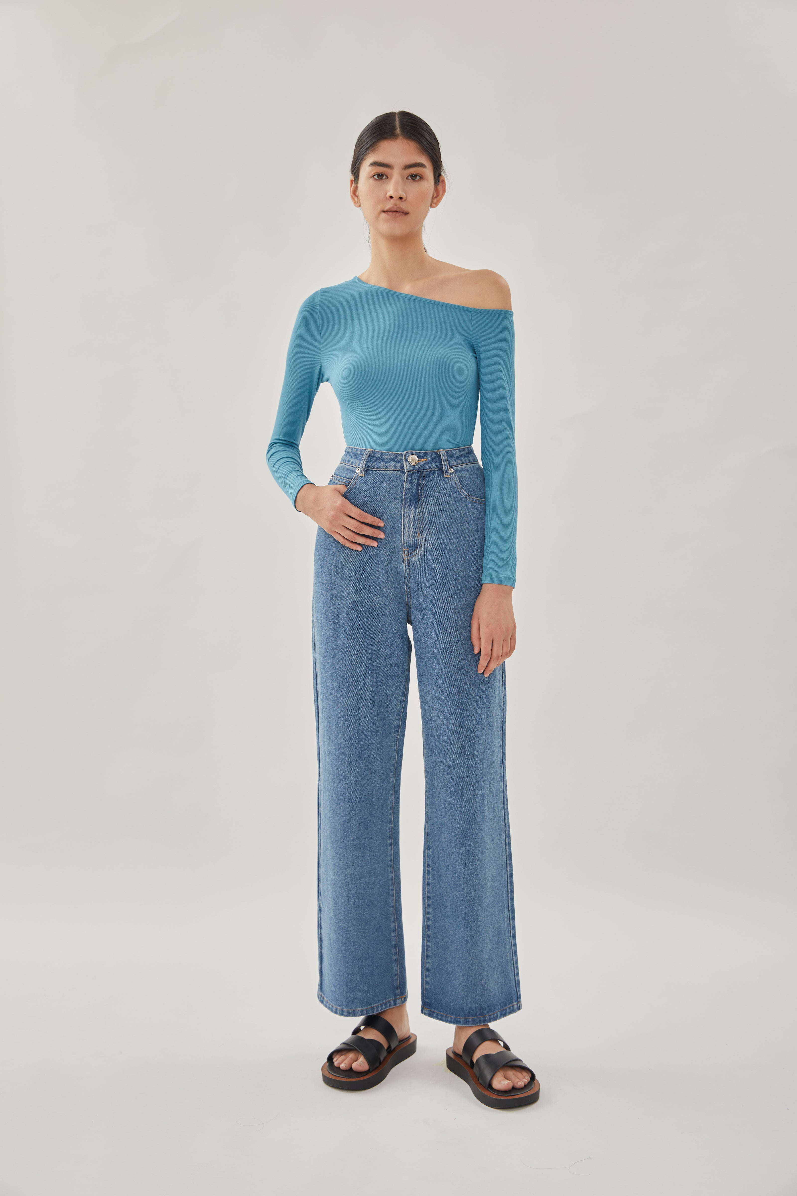 Asymmetrical Rib Top in Stone Blue