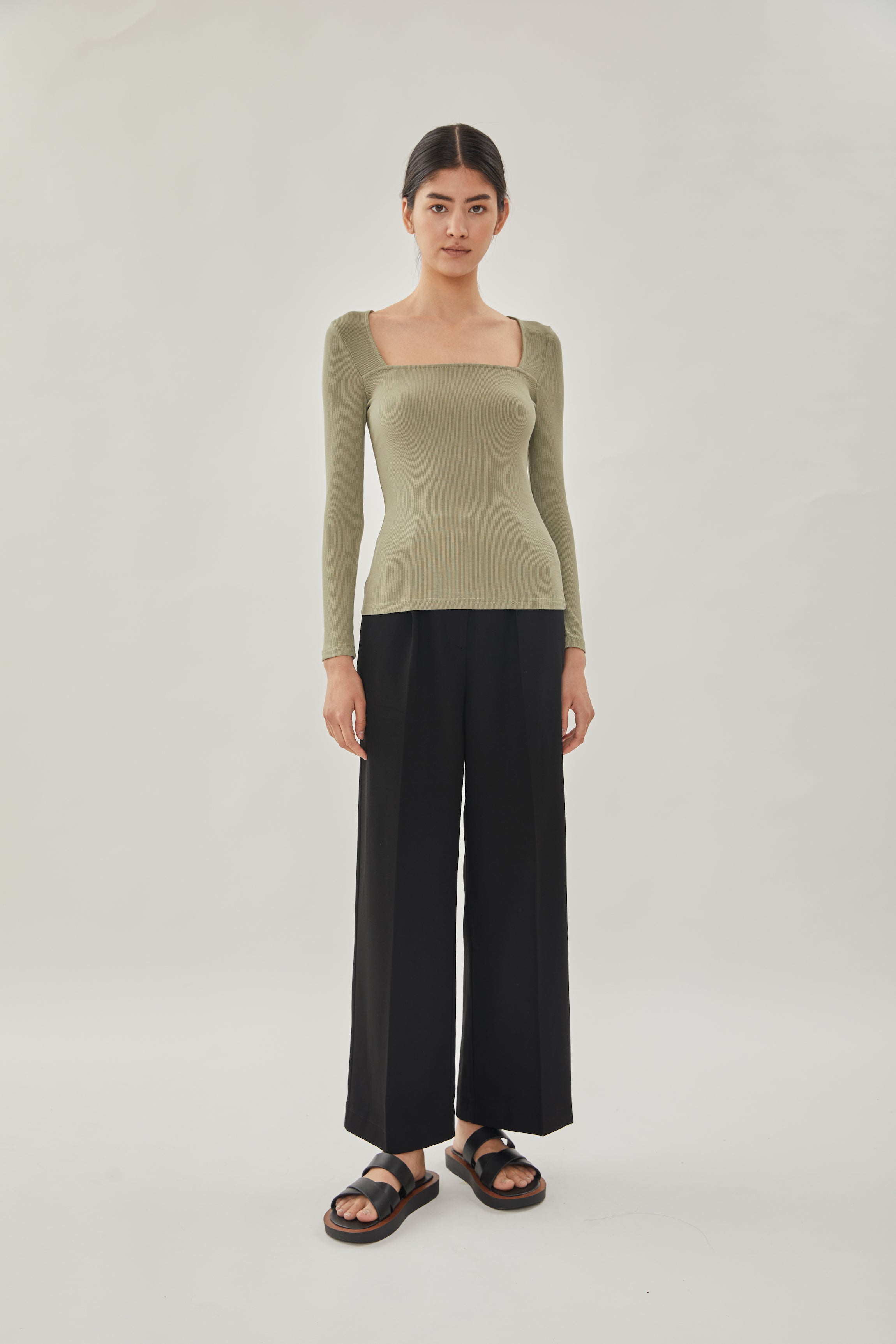 Square Neck Knit Top in Olive