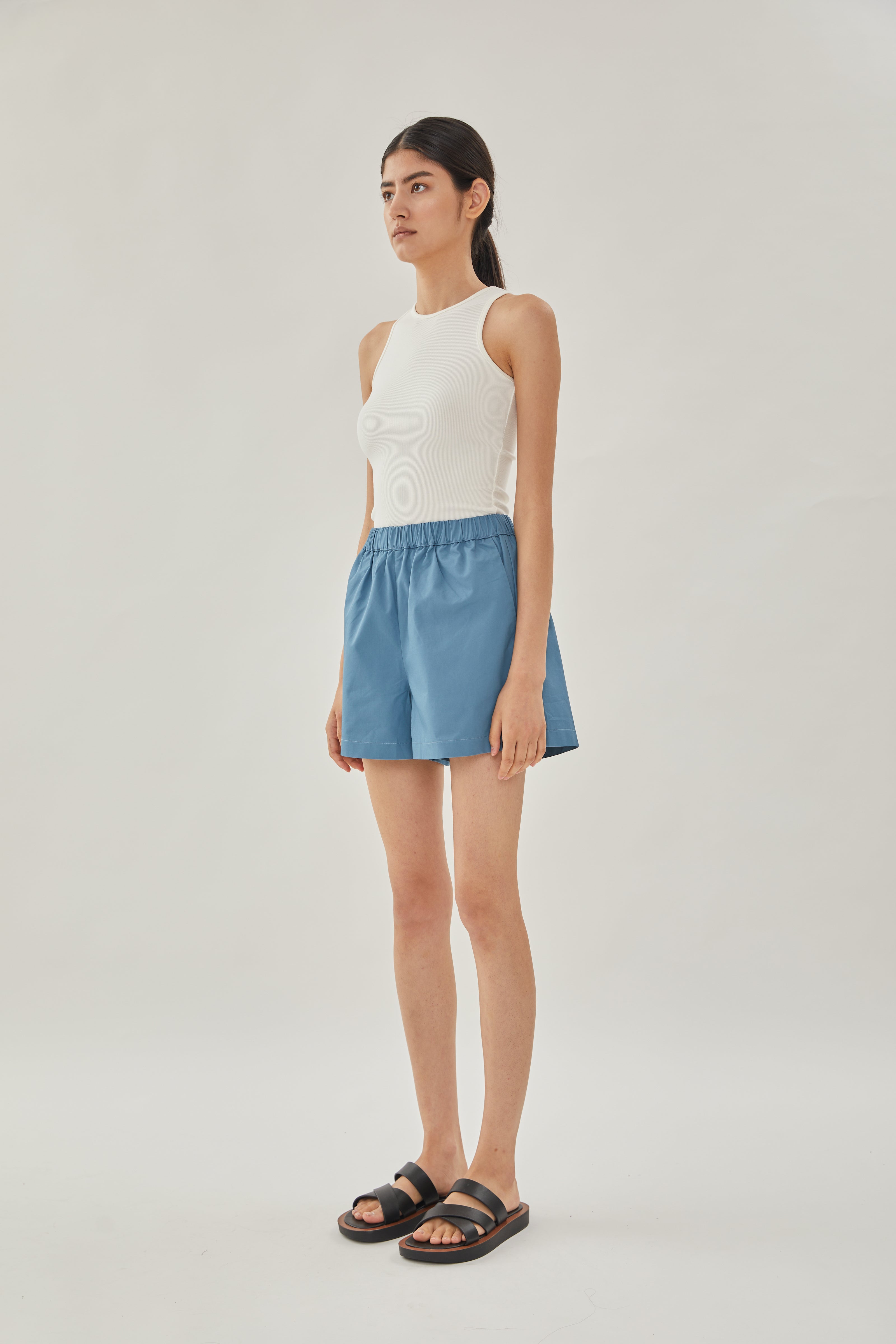 Cotton Relaxed Shorts in Stone Blue