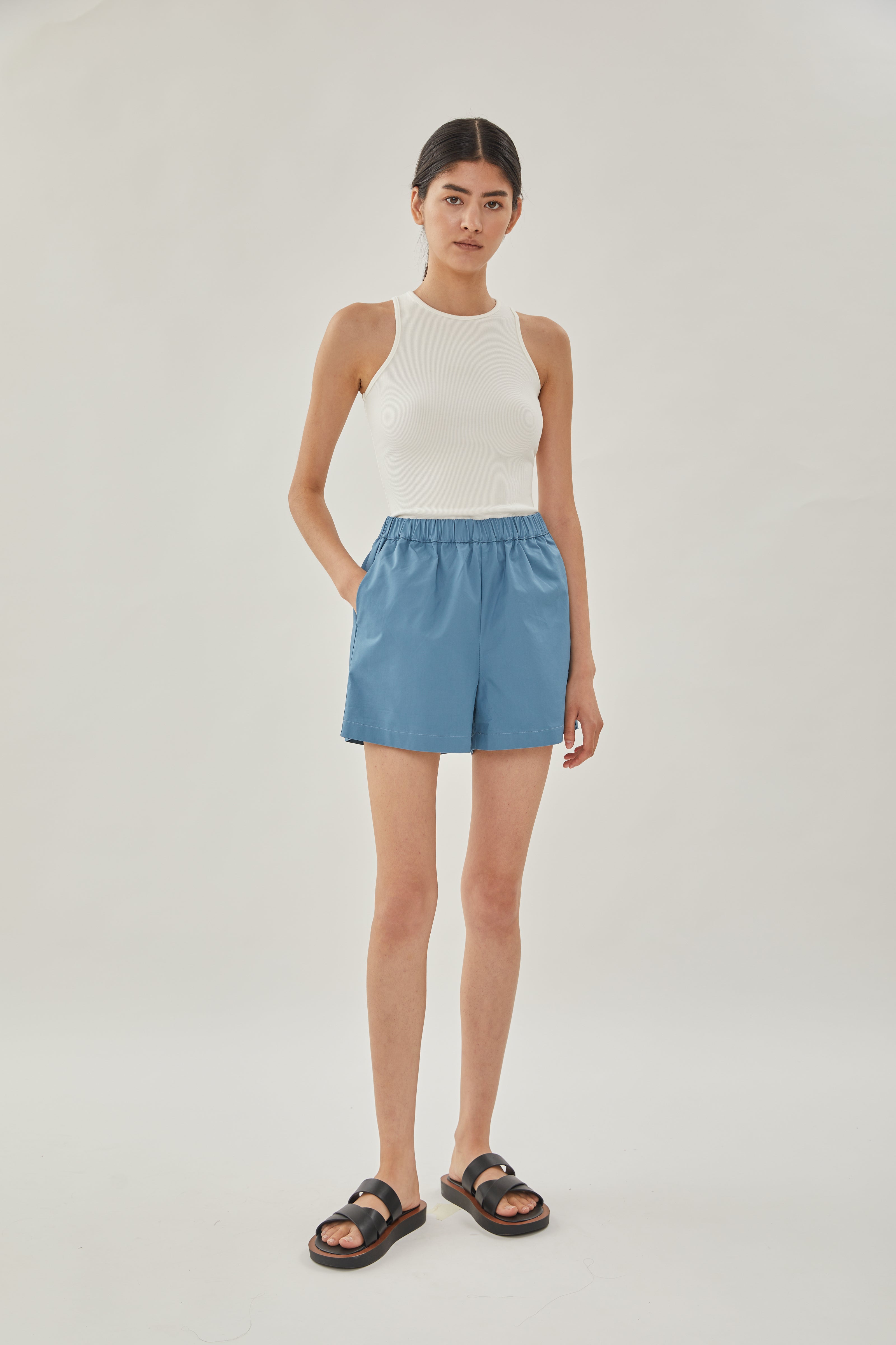 Cotton Relaxed Shorts in Stone Blue