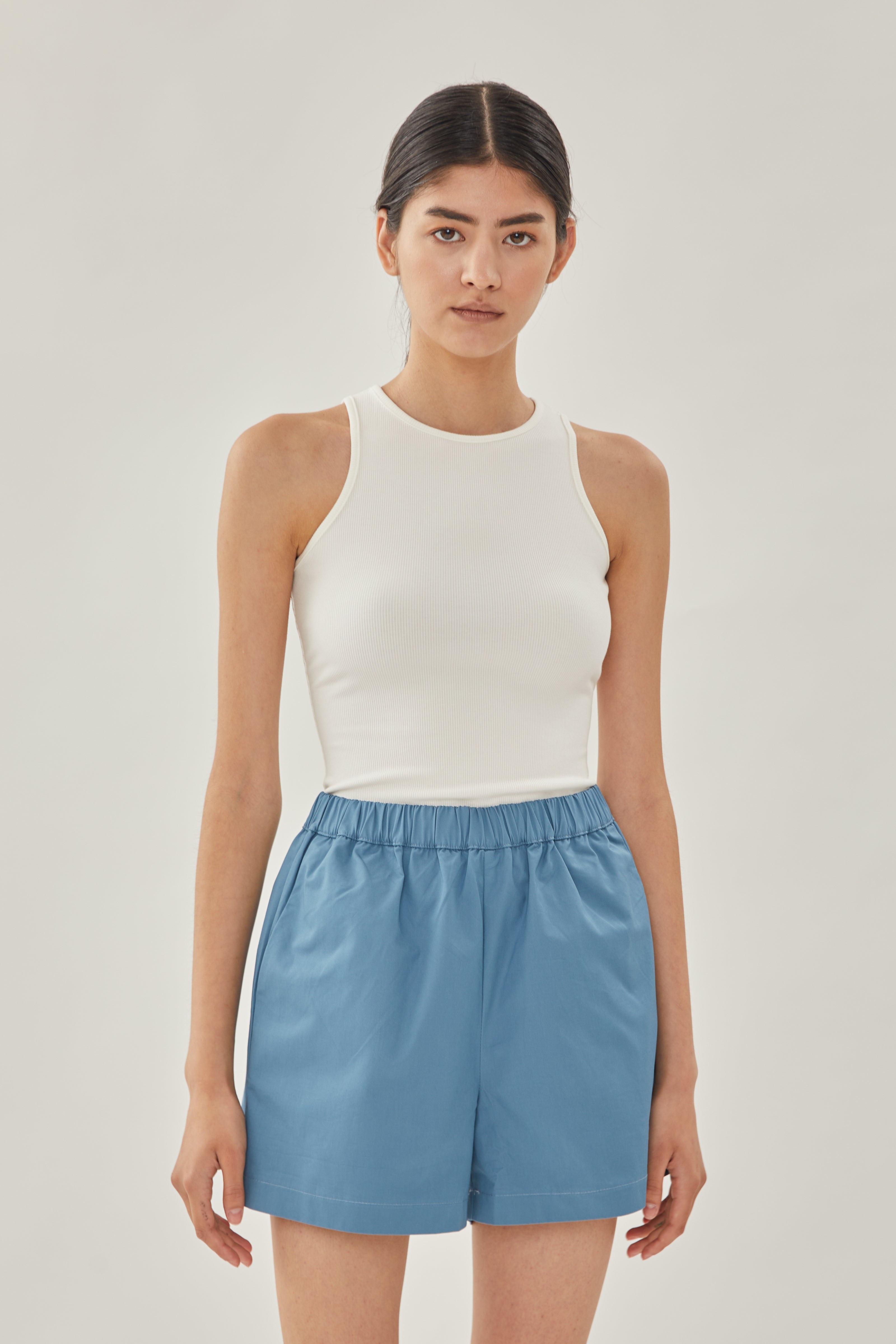 Cotton Relaxed Shorts in Stone Blue