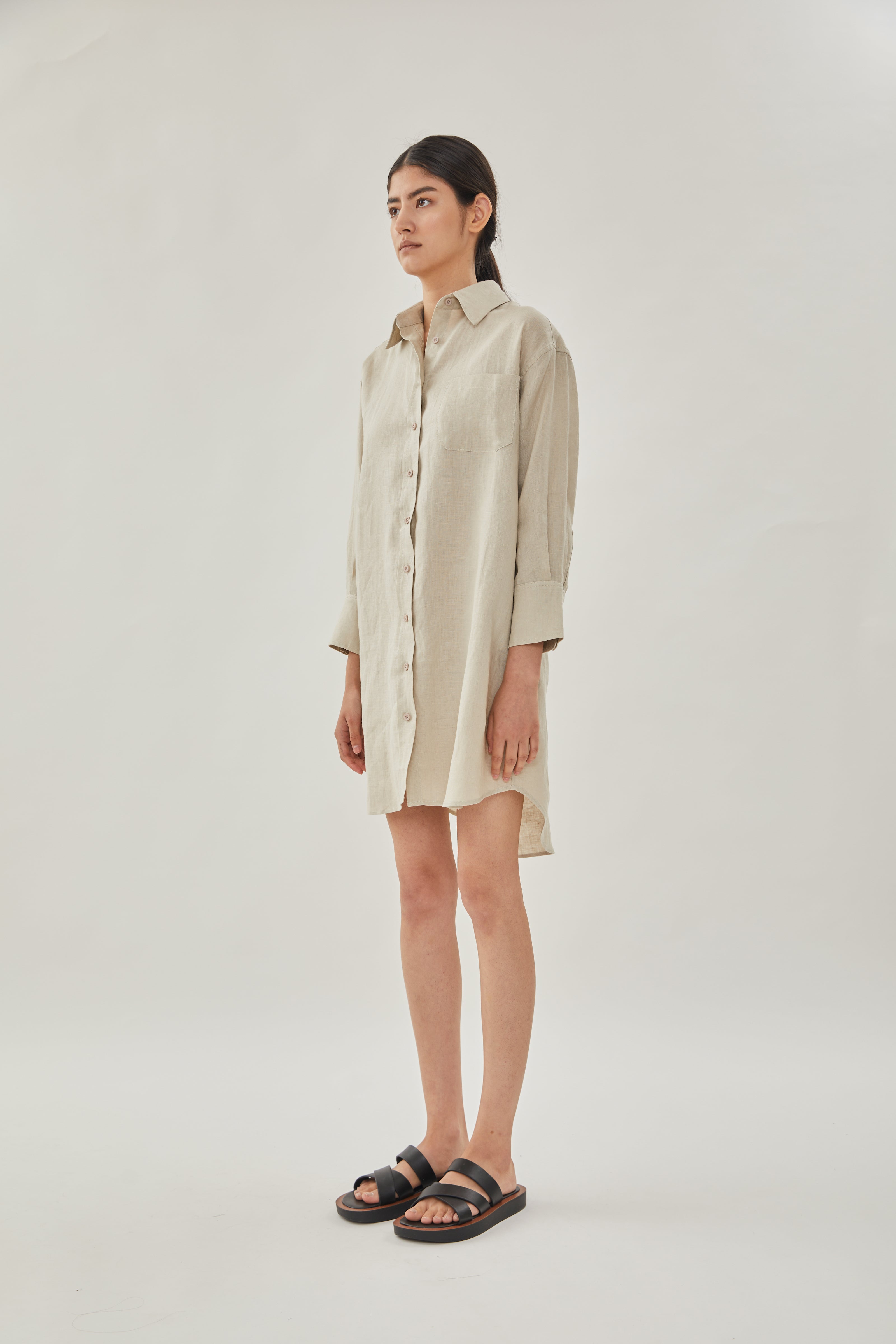 Linen Shirt Dress in Natural