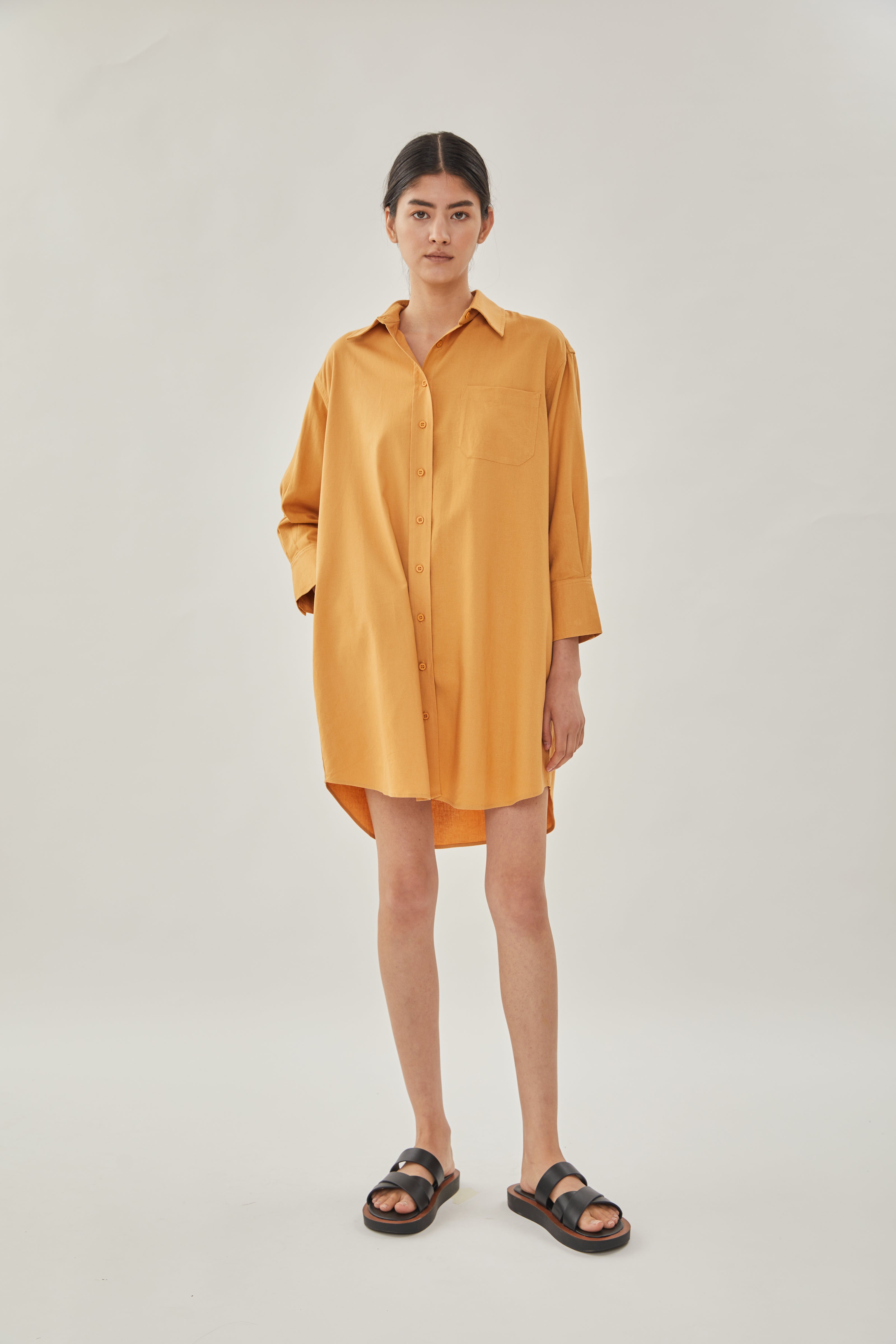 Linen Shirt Dress in Ochre