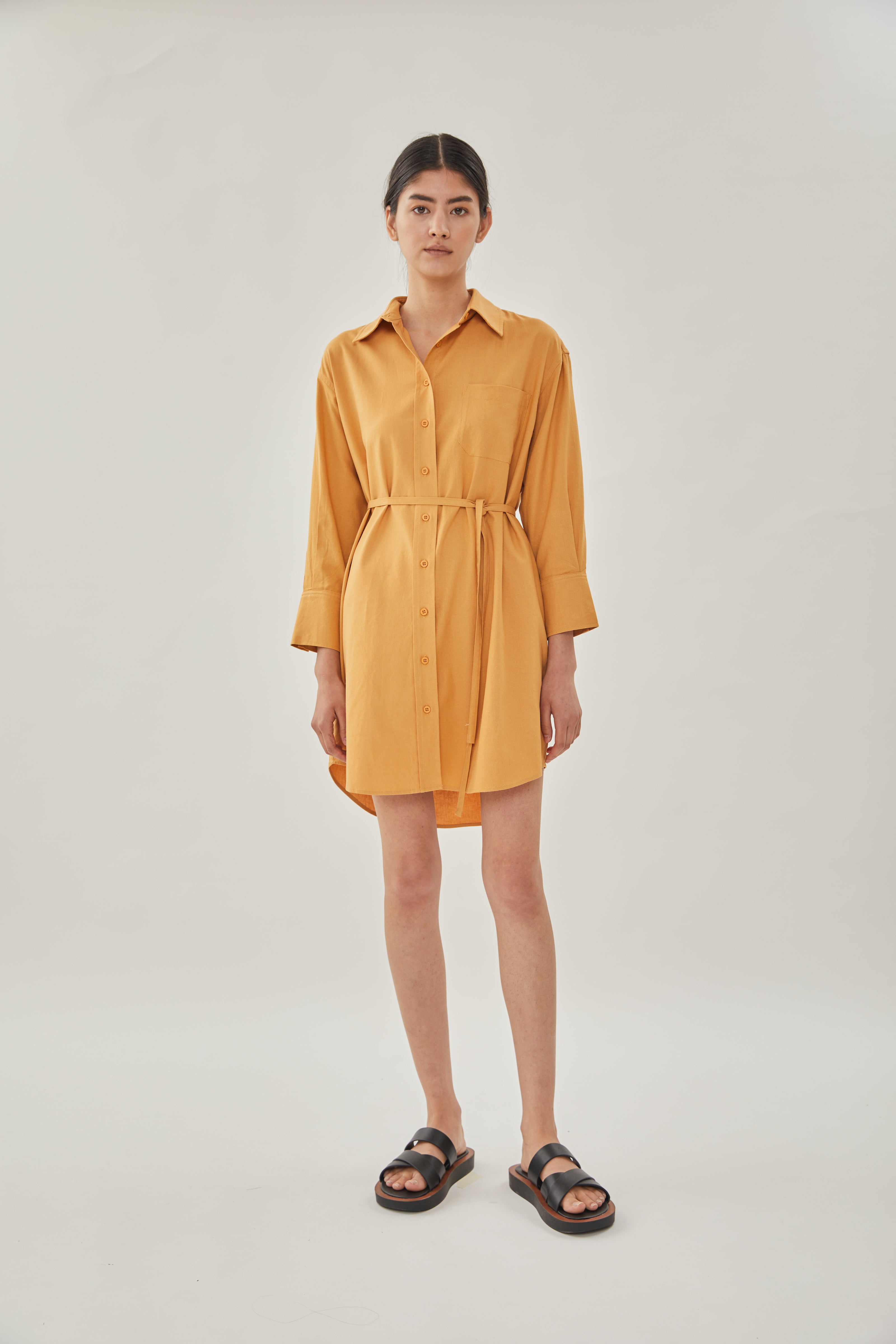 Linen Shirt Dress in Ochre