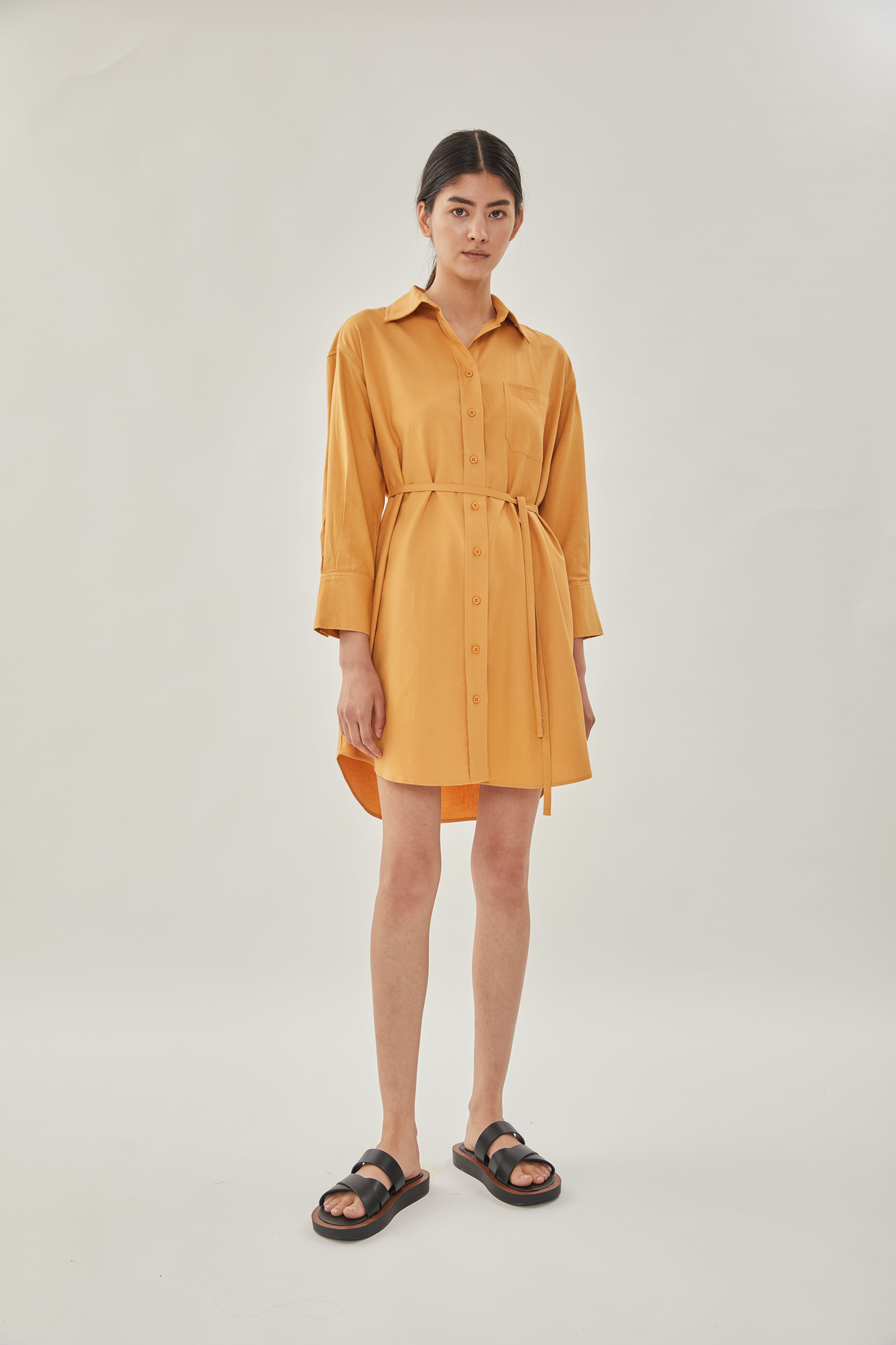 Linen Shirt Dress in Ochre