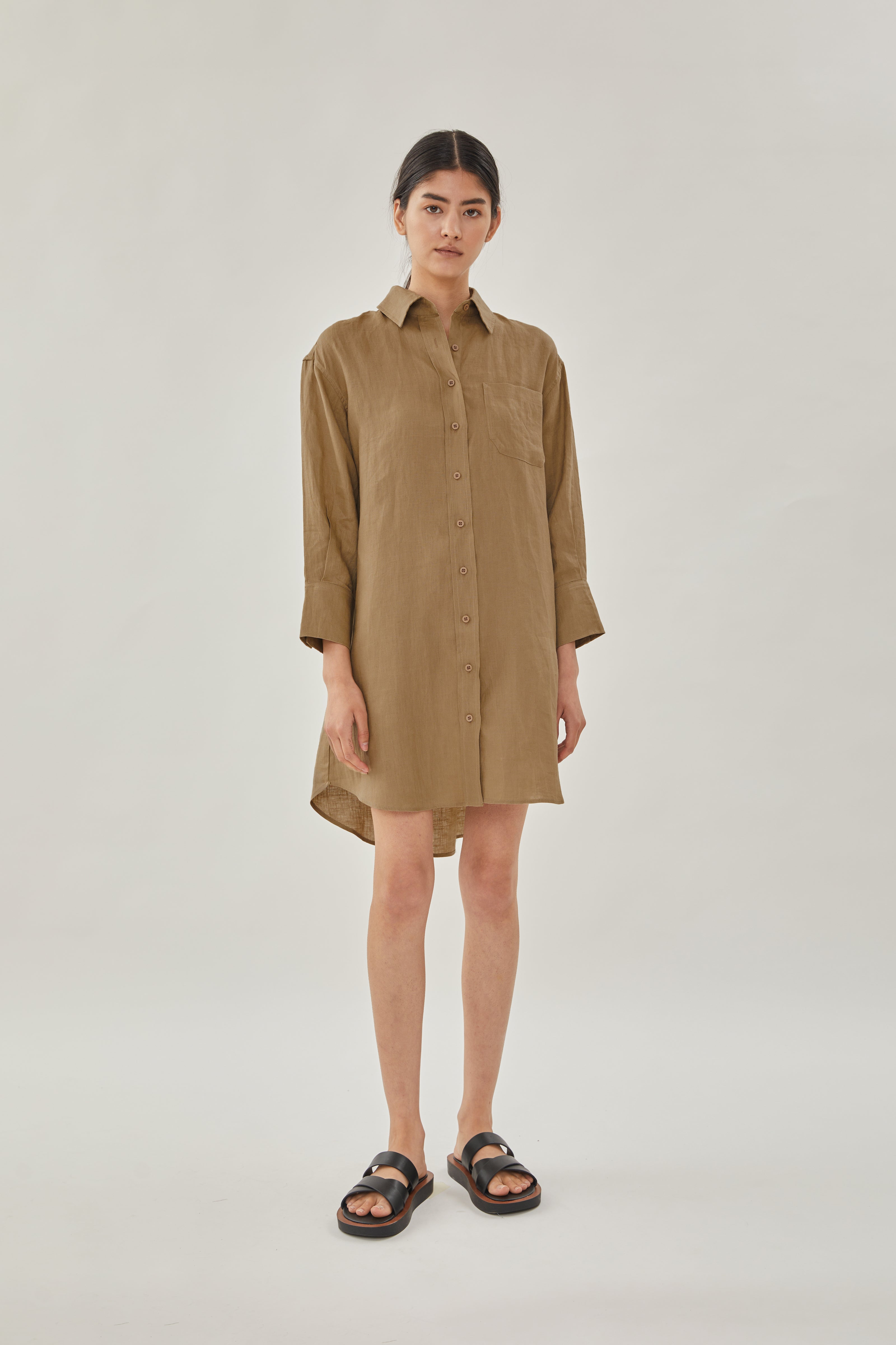 Linen Shirt Dress in Brown