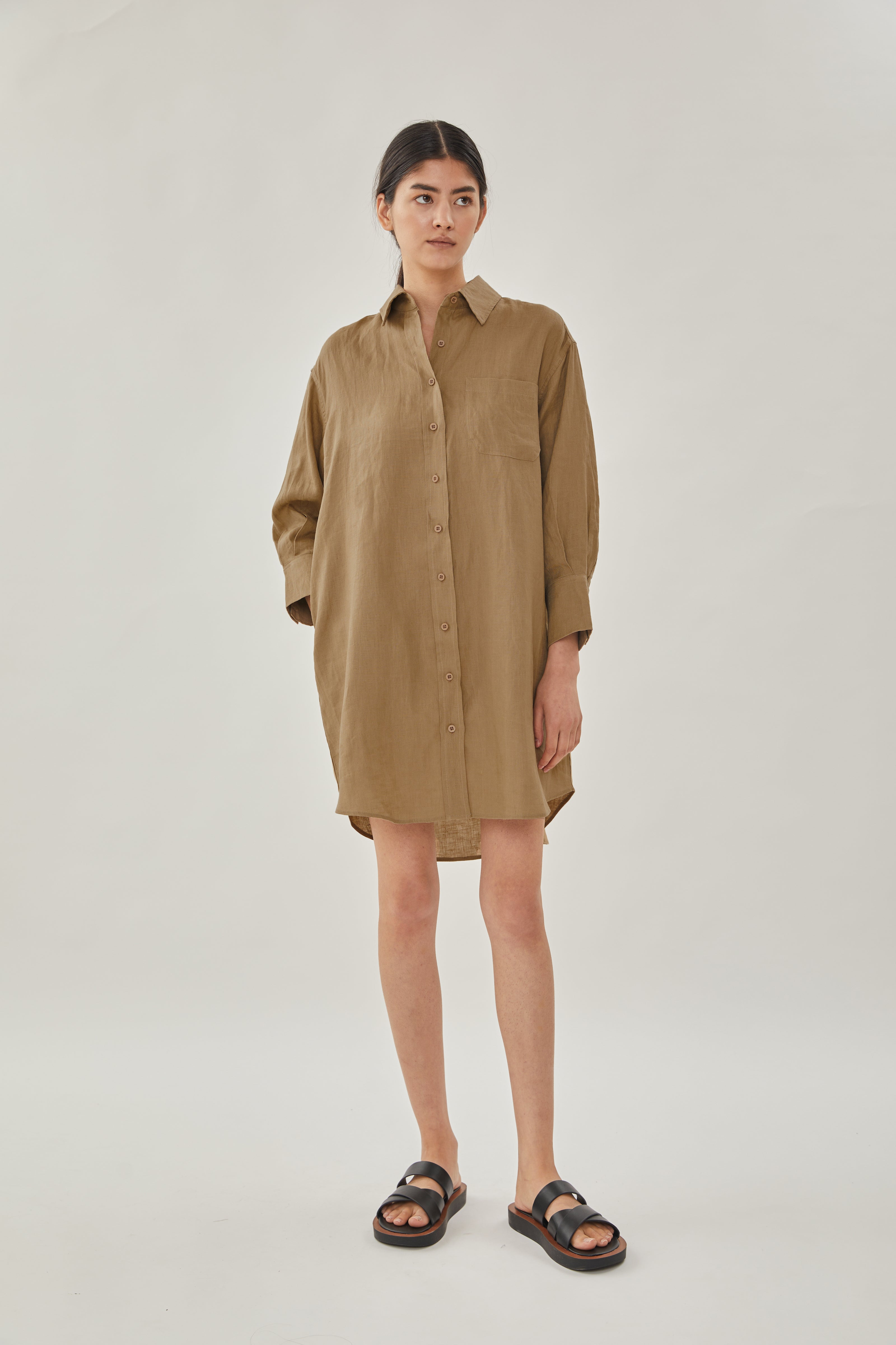 Linen Shirt Dress in Brown