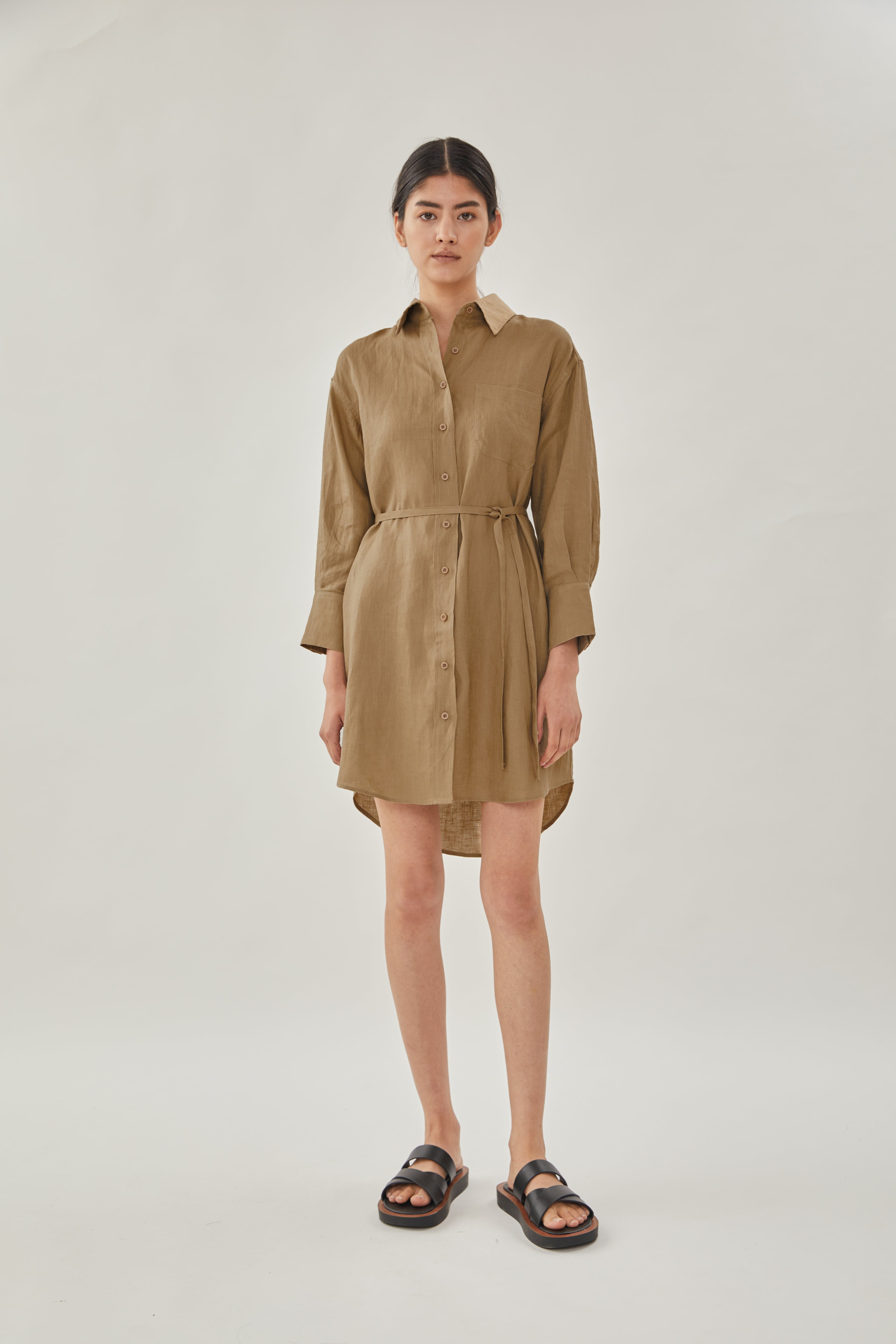 Linen Shirt Dress in Brown