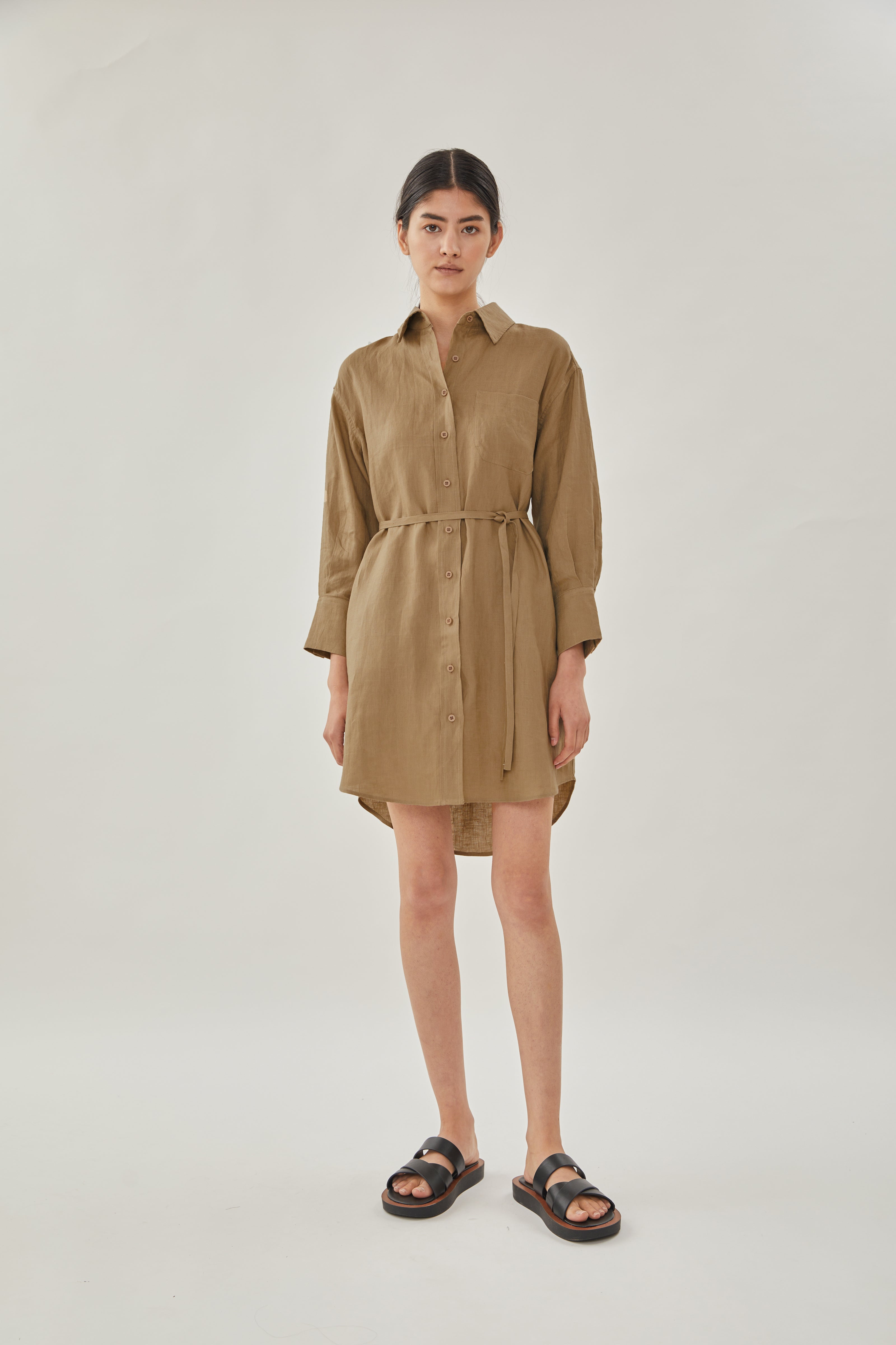 Linen Shirt Dress in Brown