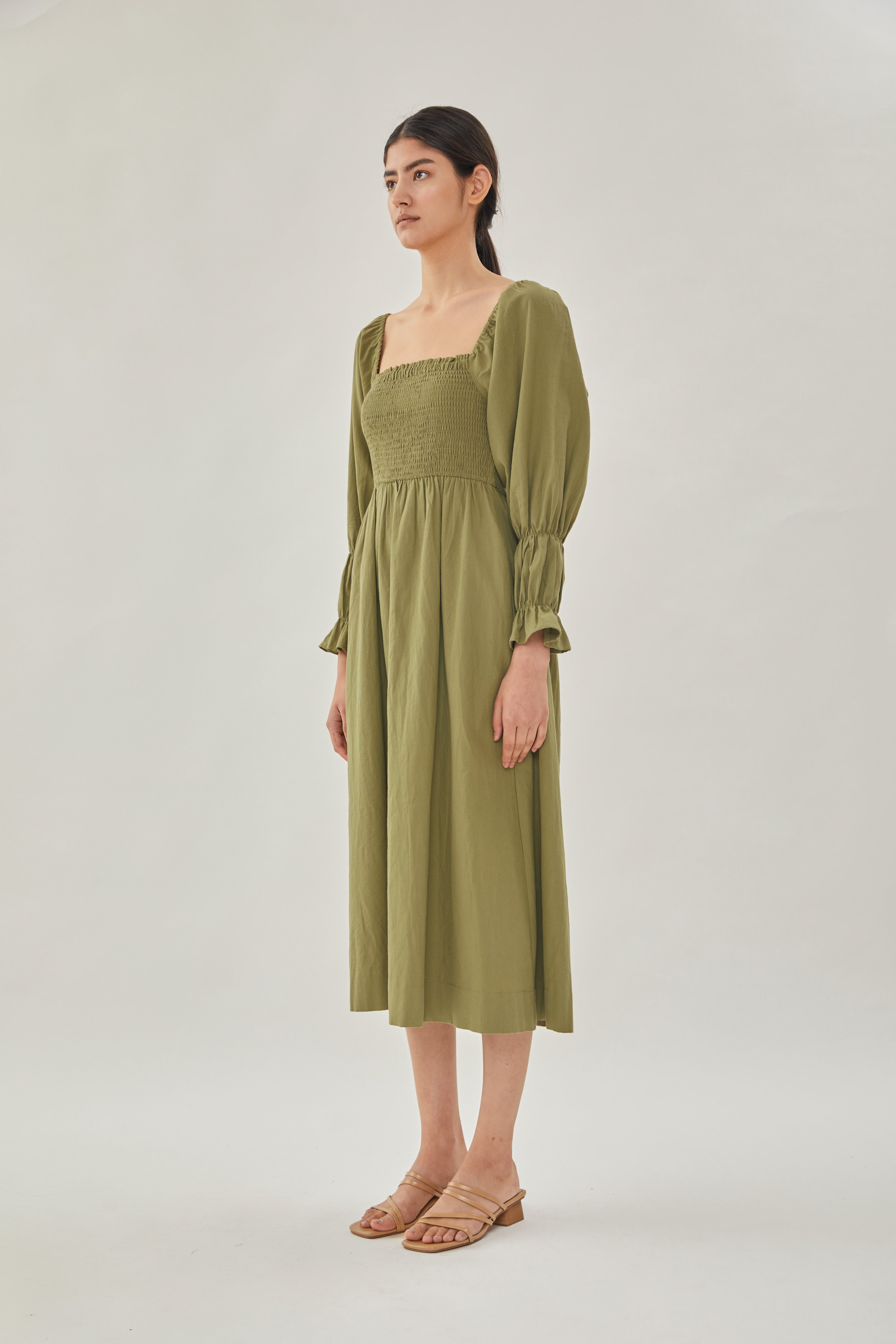 Cotton Shirred Midi Dress in Moss
