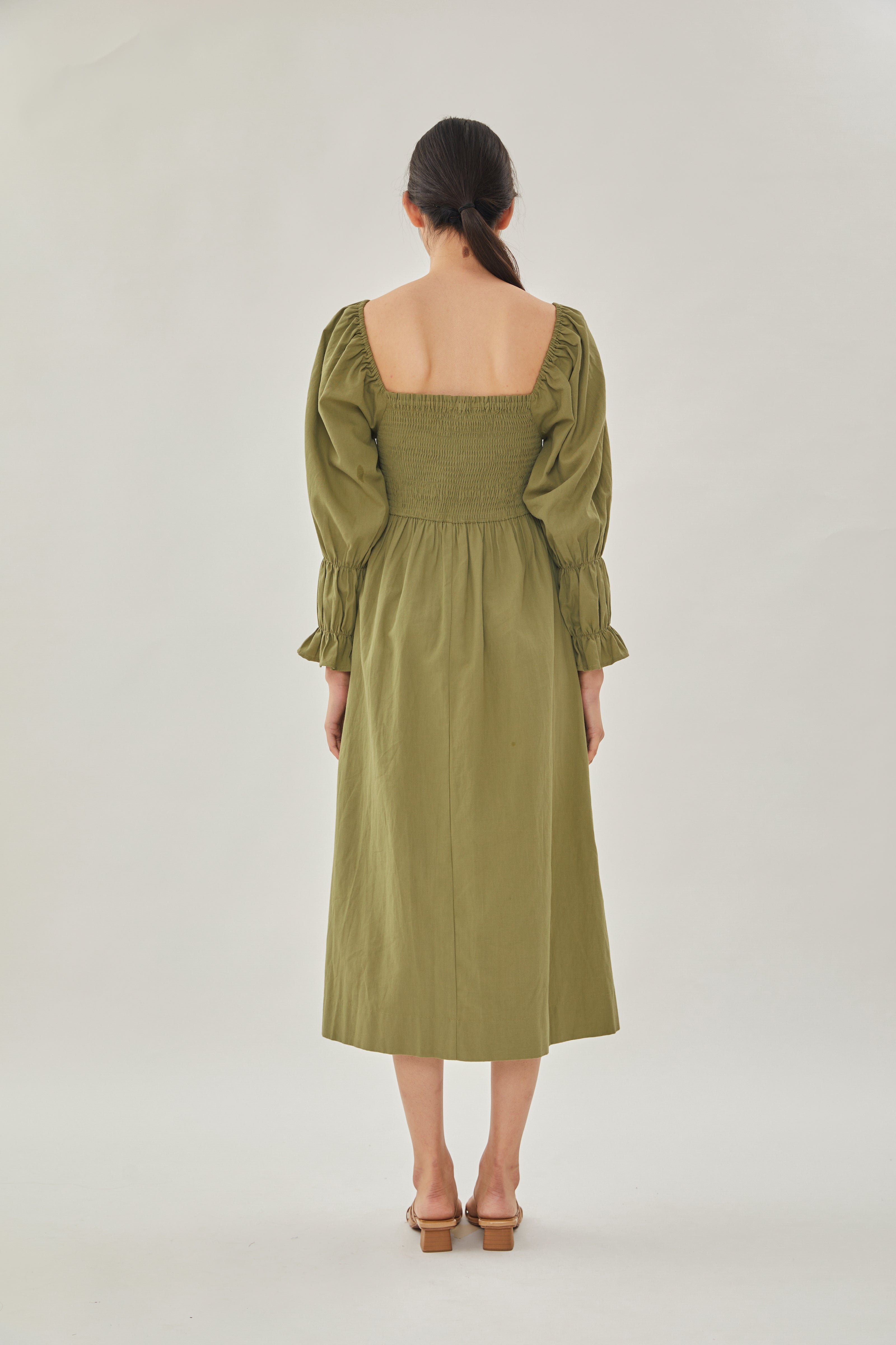 Cotton Shirred Midi Dress in Moss