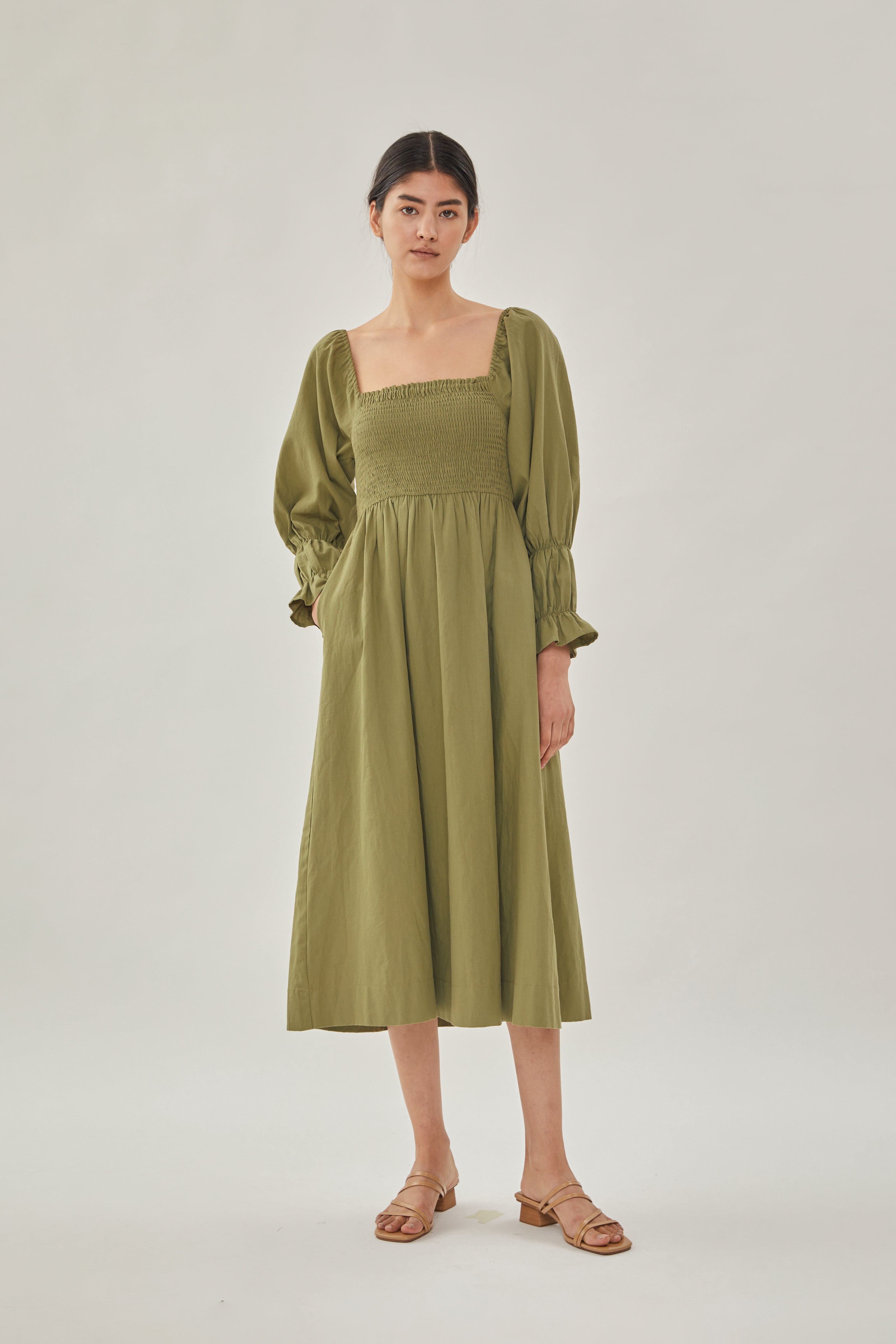 Cotton Shirred Midi Dress in Moss