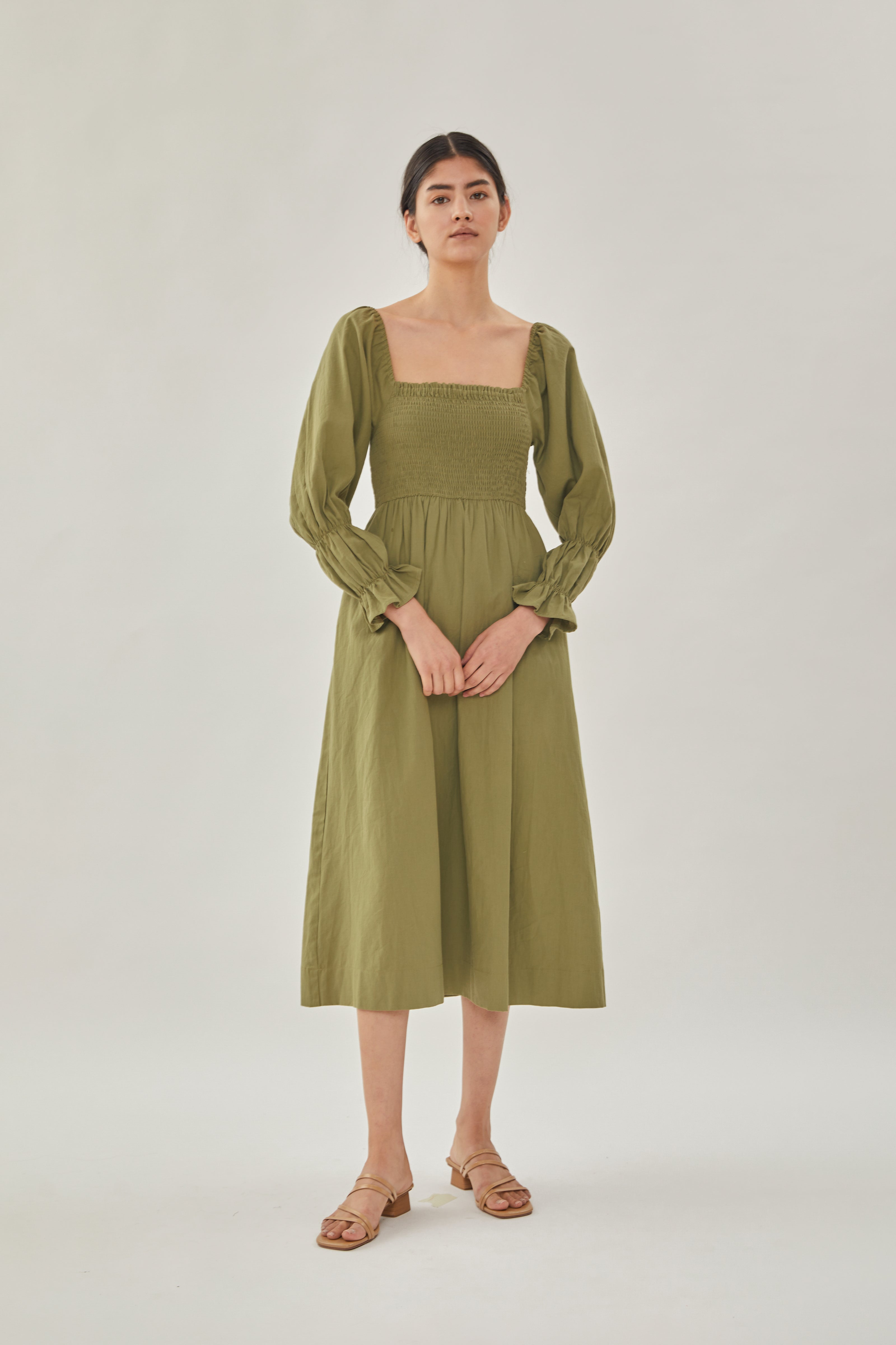 Cotton Shirred Midi Dress in Moss