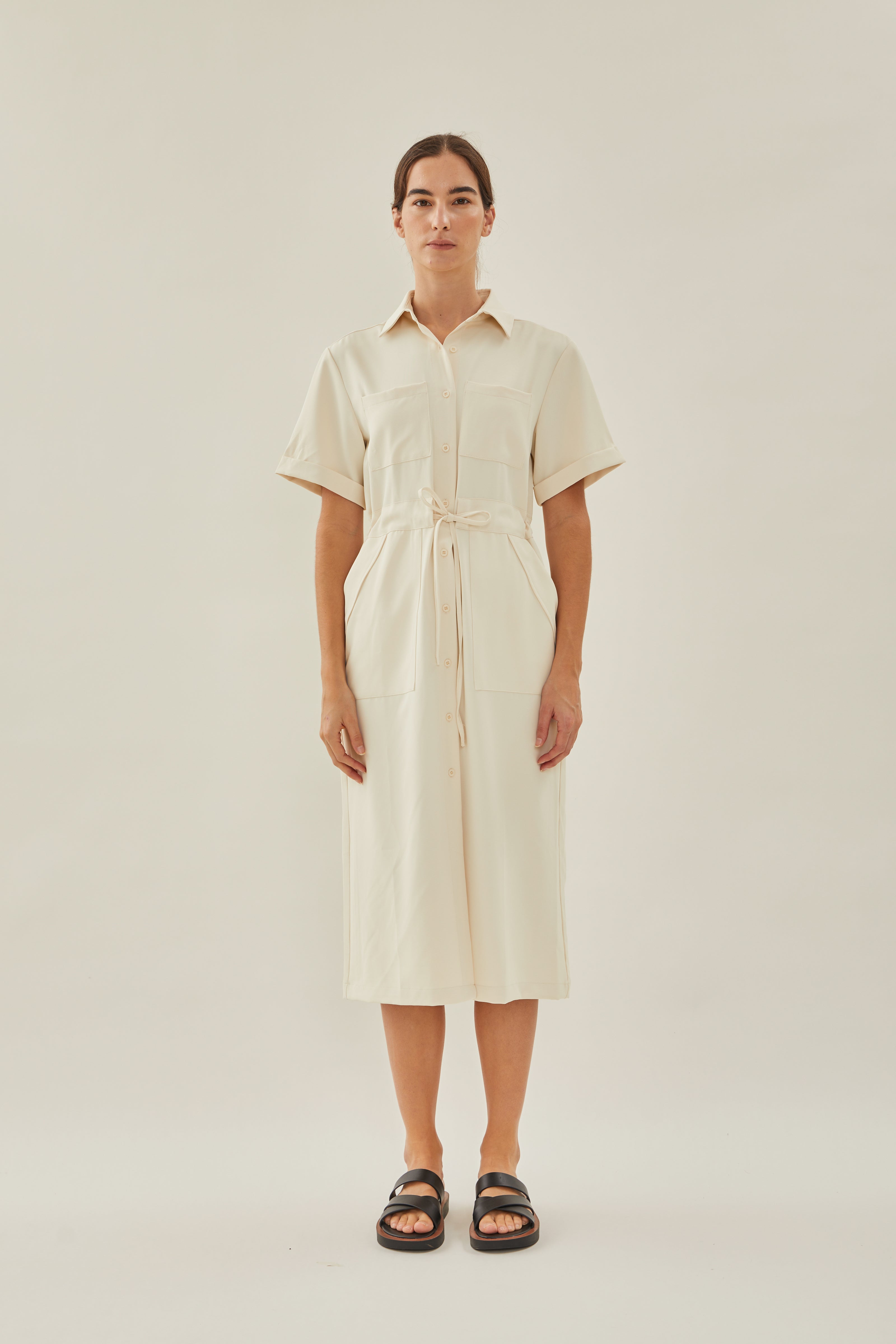 Belted Midi Shirt Dress in Ivory