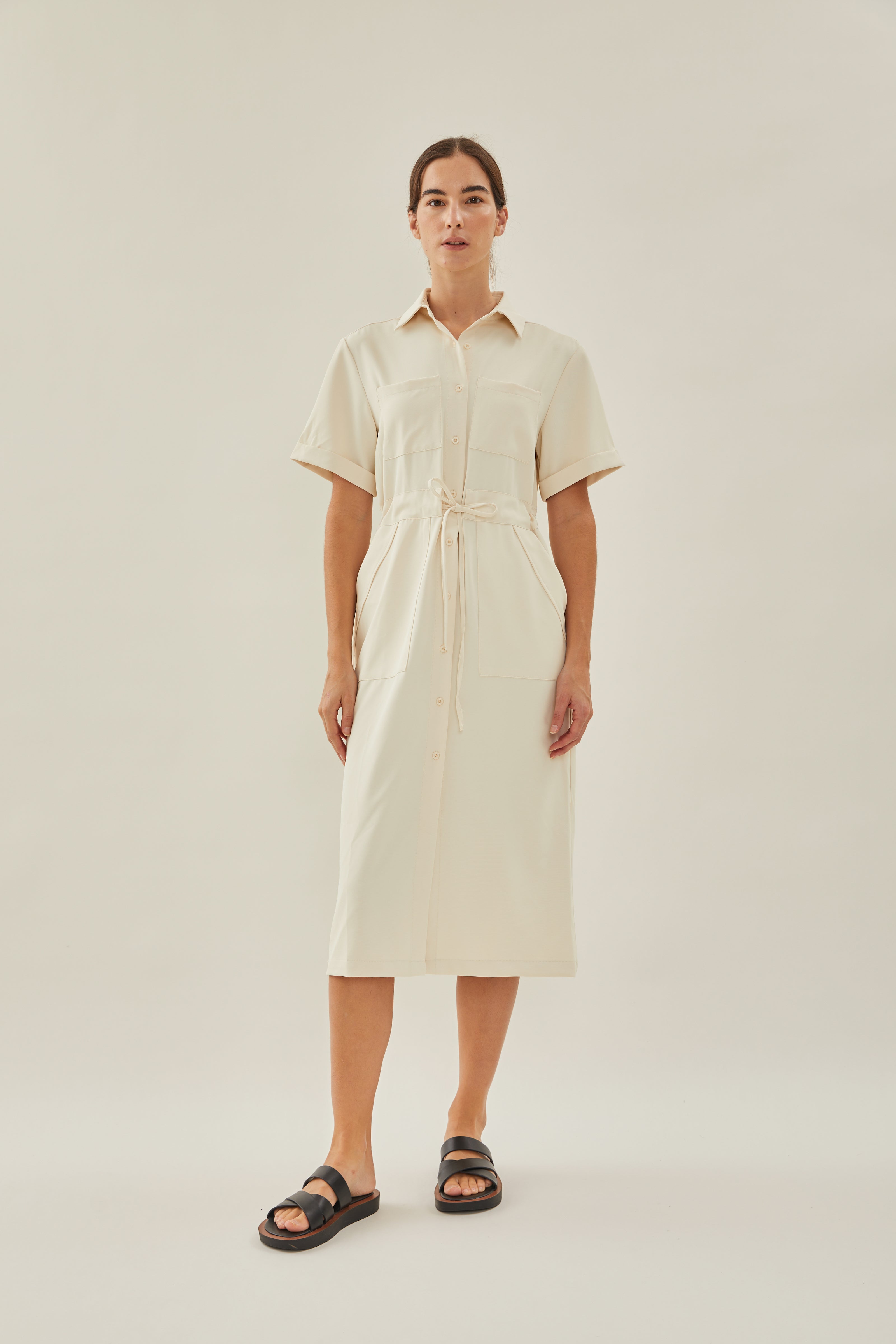 Belted Midi Shirt Dress in Ivory