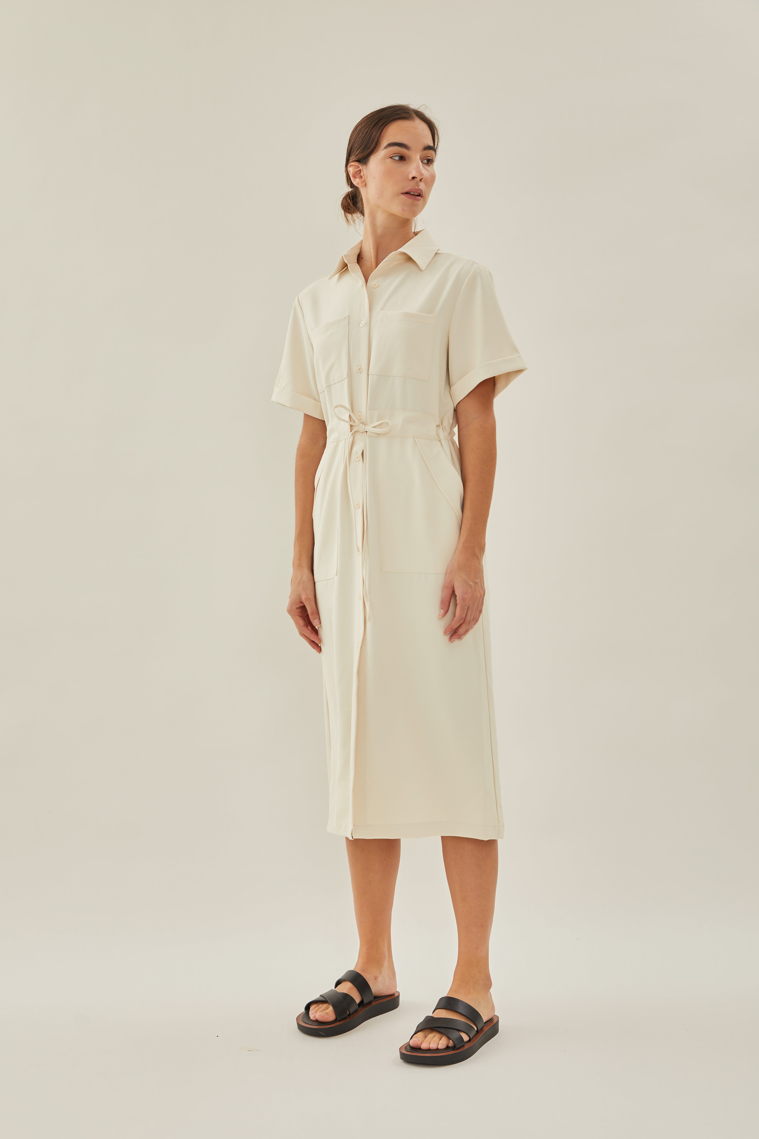 Belted Midi Shirt Dress in Ivory