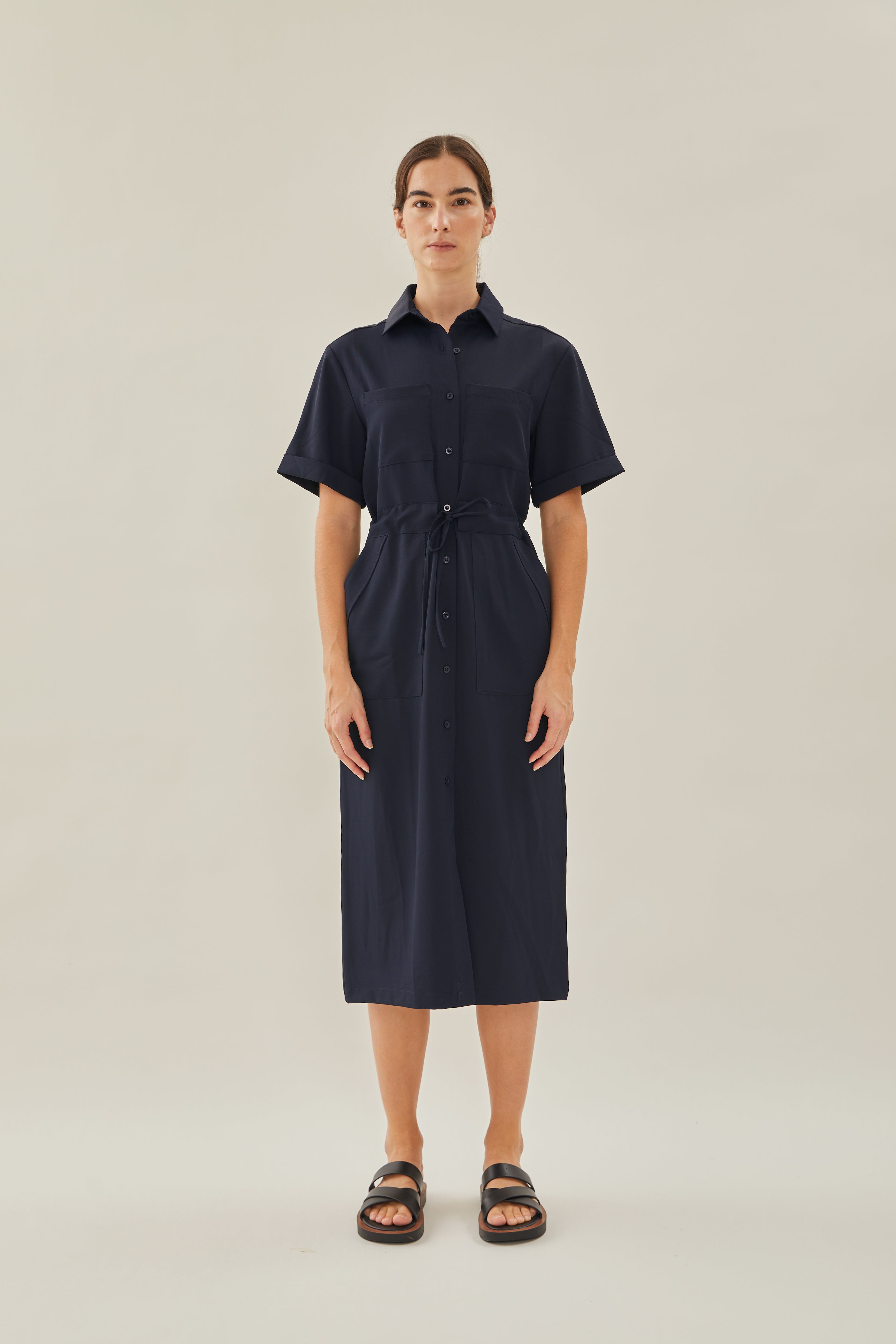 Belted Midi Shirt Dress in Dark Navy